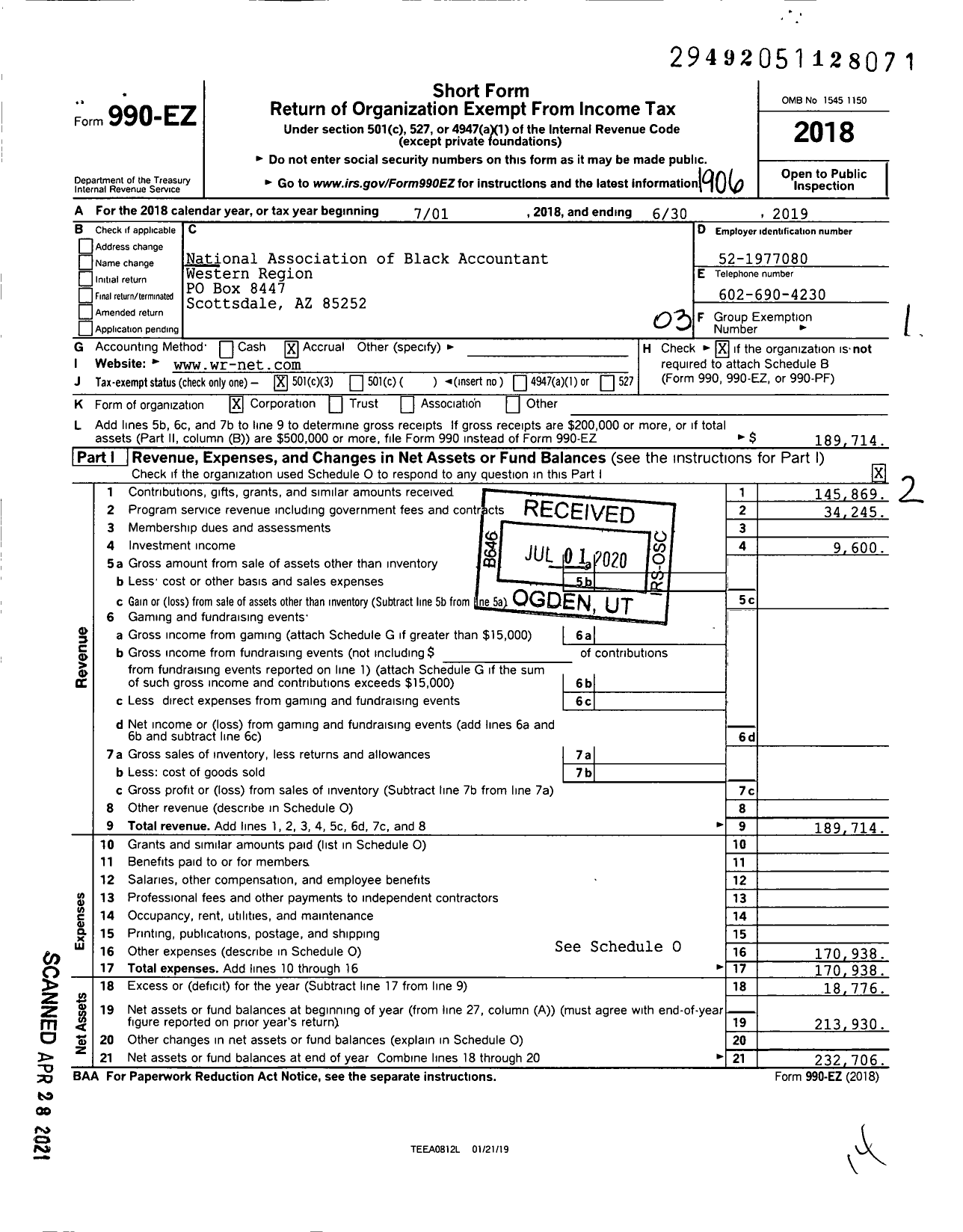 Image of first page of 2018 Form 990EZ for National Association of Black Accountant