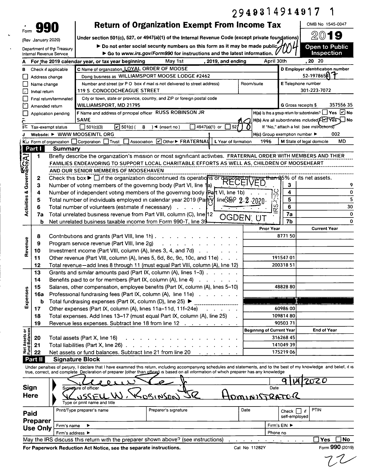 Image of first page of 2019 Form 990O for LOYAL ORDER OF Moose - Williamsport Moose Family Center