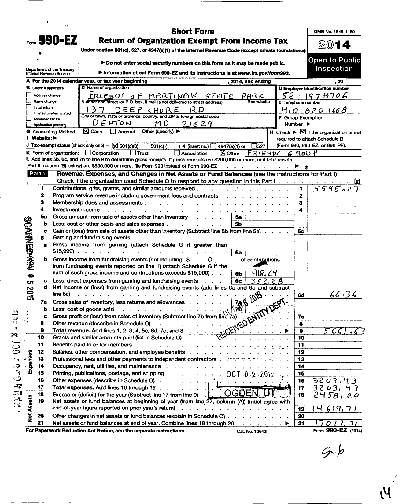 Image of first page of 2014 Form 990EZ for Friends of Martinak State Park