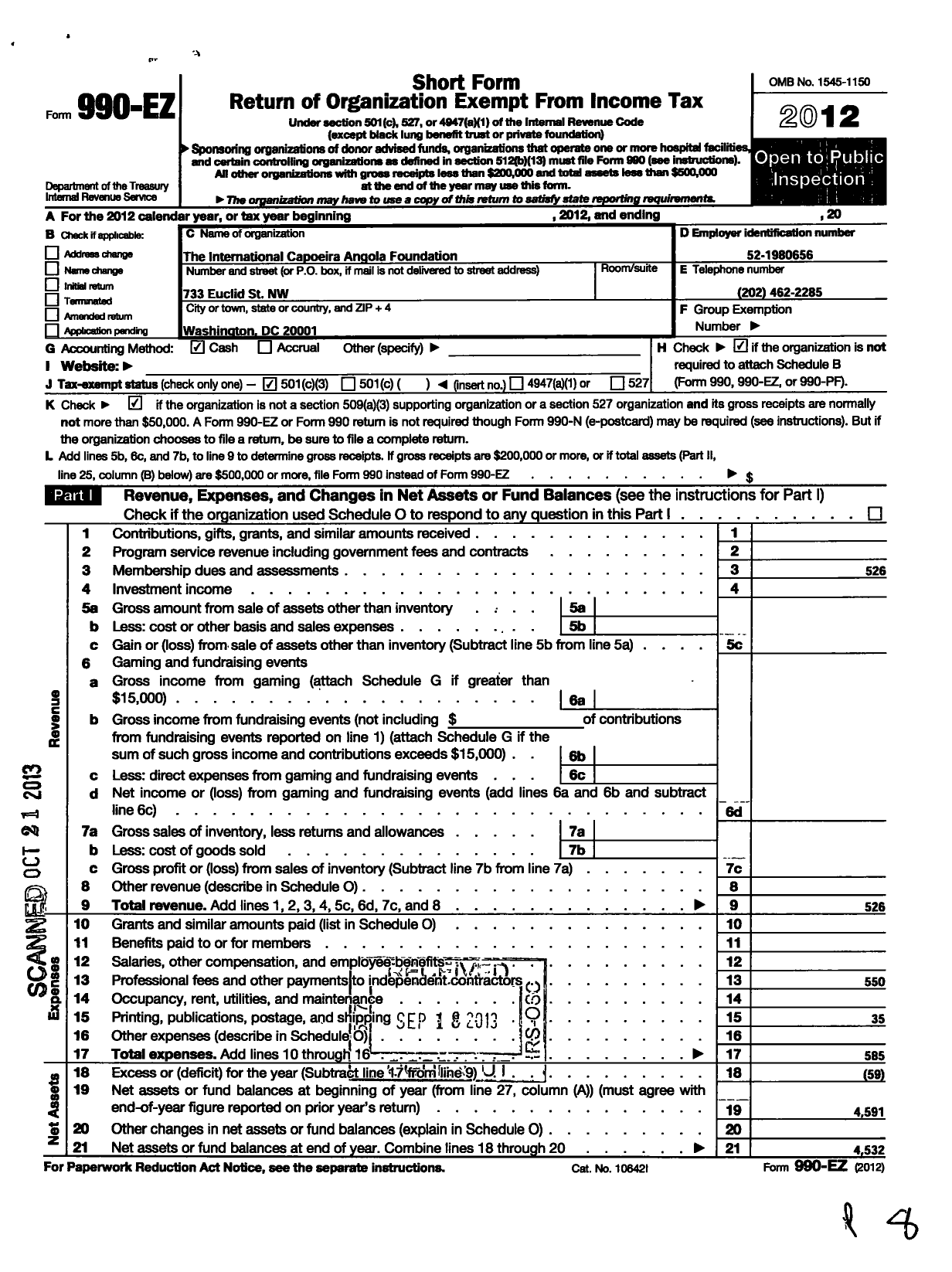 Image of first page of 2012 Form 990EZ for International Capoeira Angola Foundation