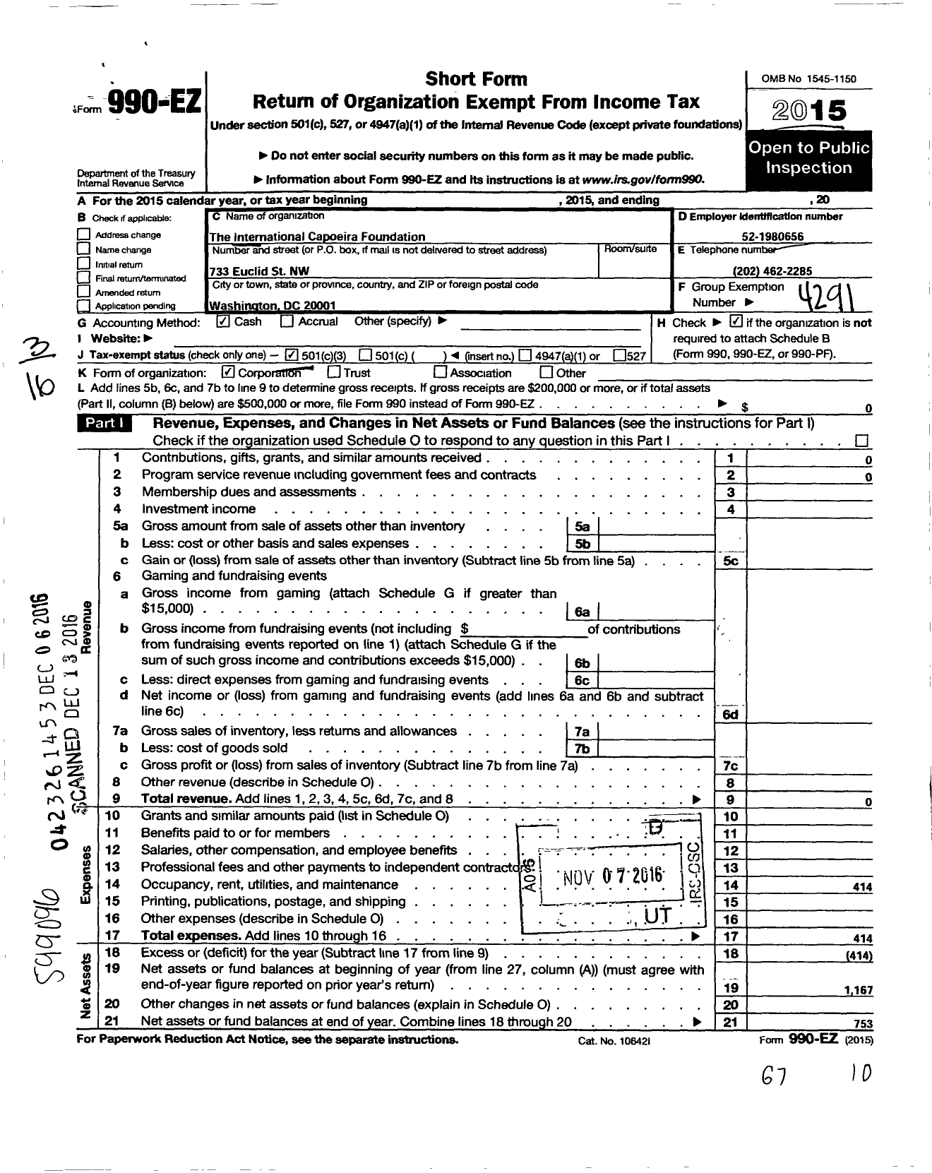 Image of first page of 2015 Form 990EZ for International Capoeira Angola Foundation