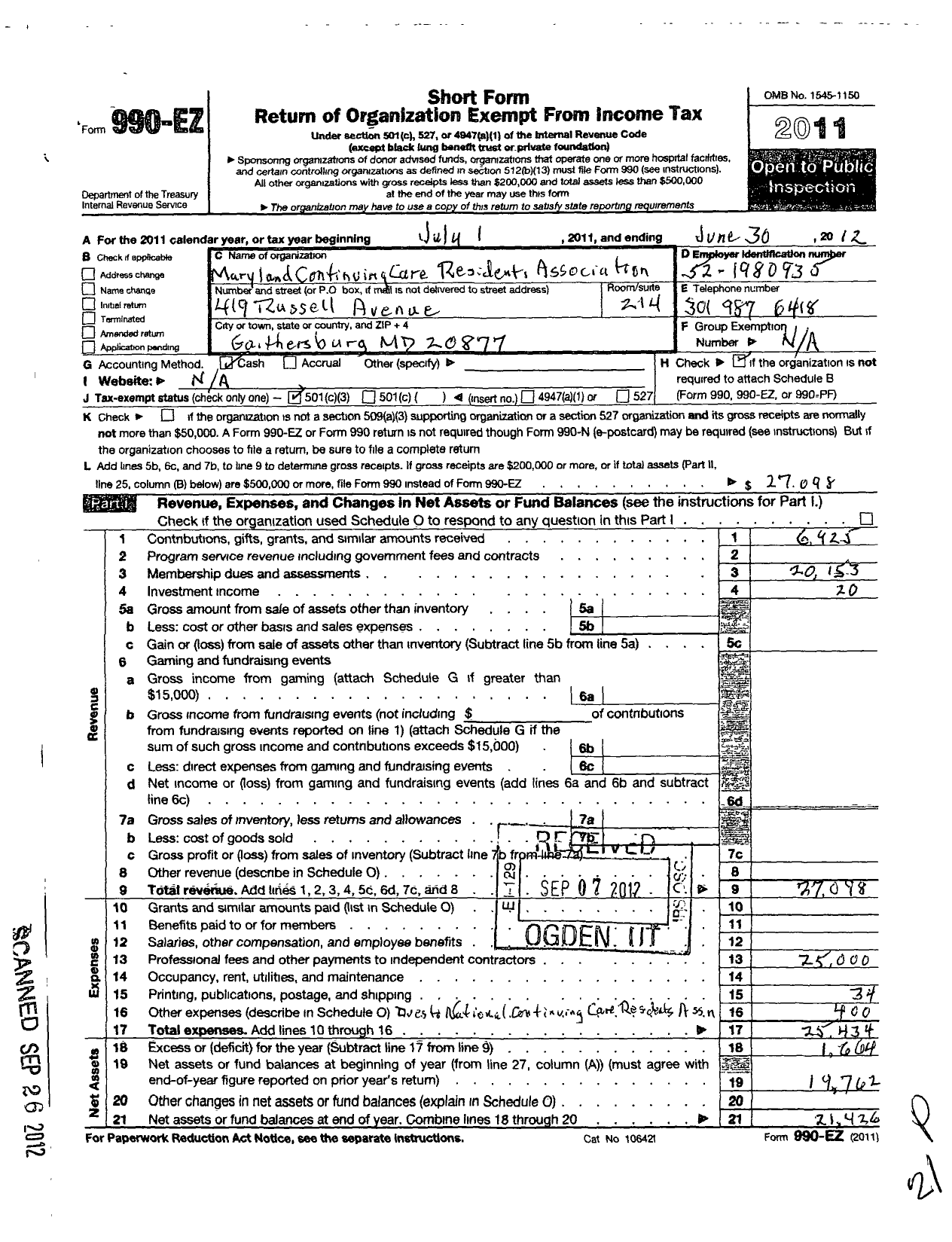 Image of first page of 2011 Form 990EZ for Maryland Continuing Care Residents Association