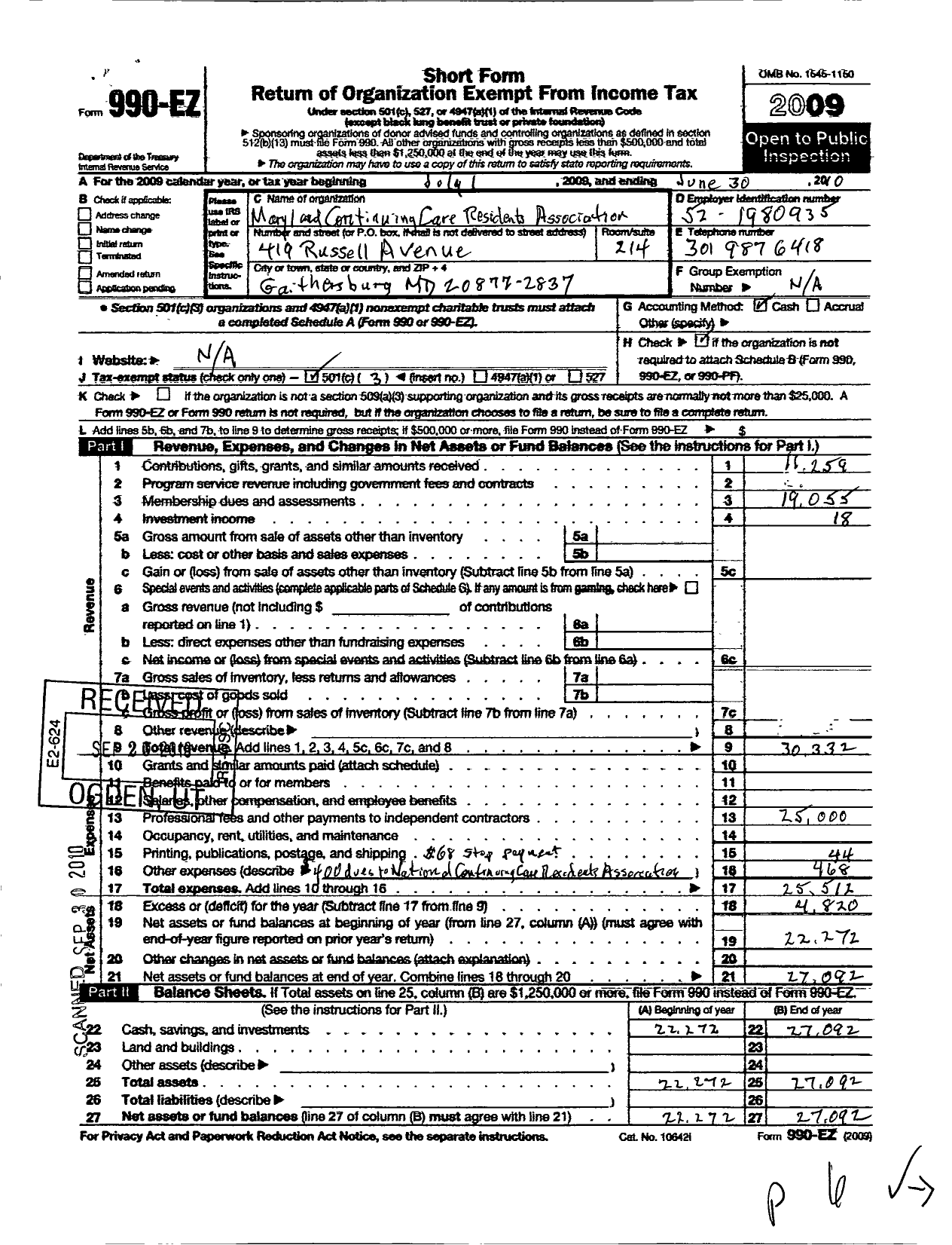 Image of first page of 2009 Form 990EZ for Maryland Continuing Care Residents Association