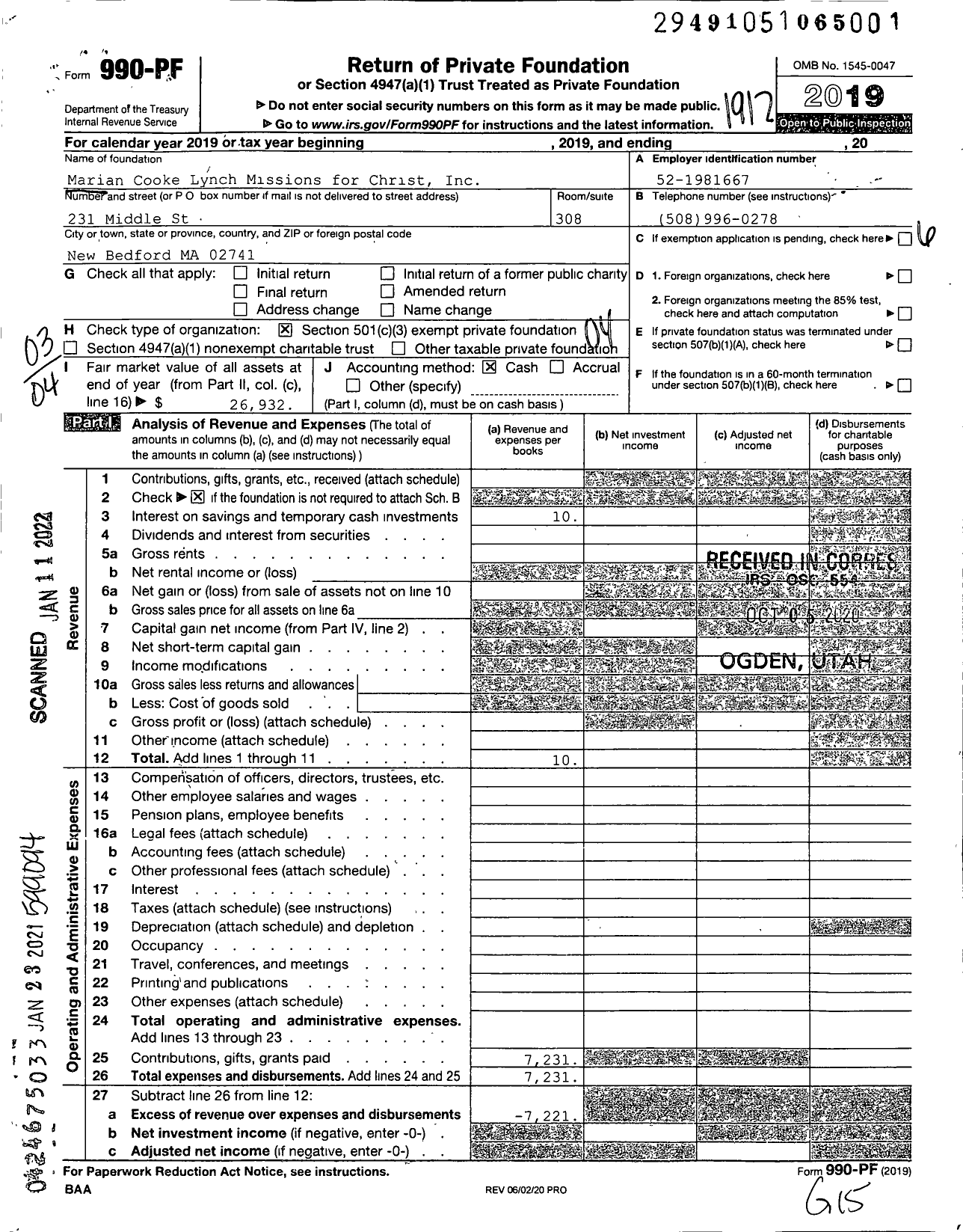 Image of first page of 2019 Form 990PF for Marian Cooke Lynch Missions for Christ