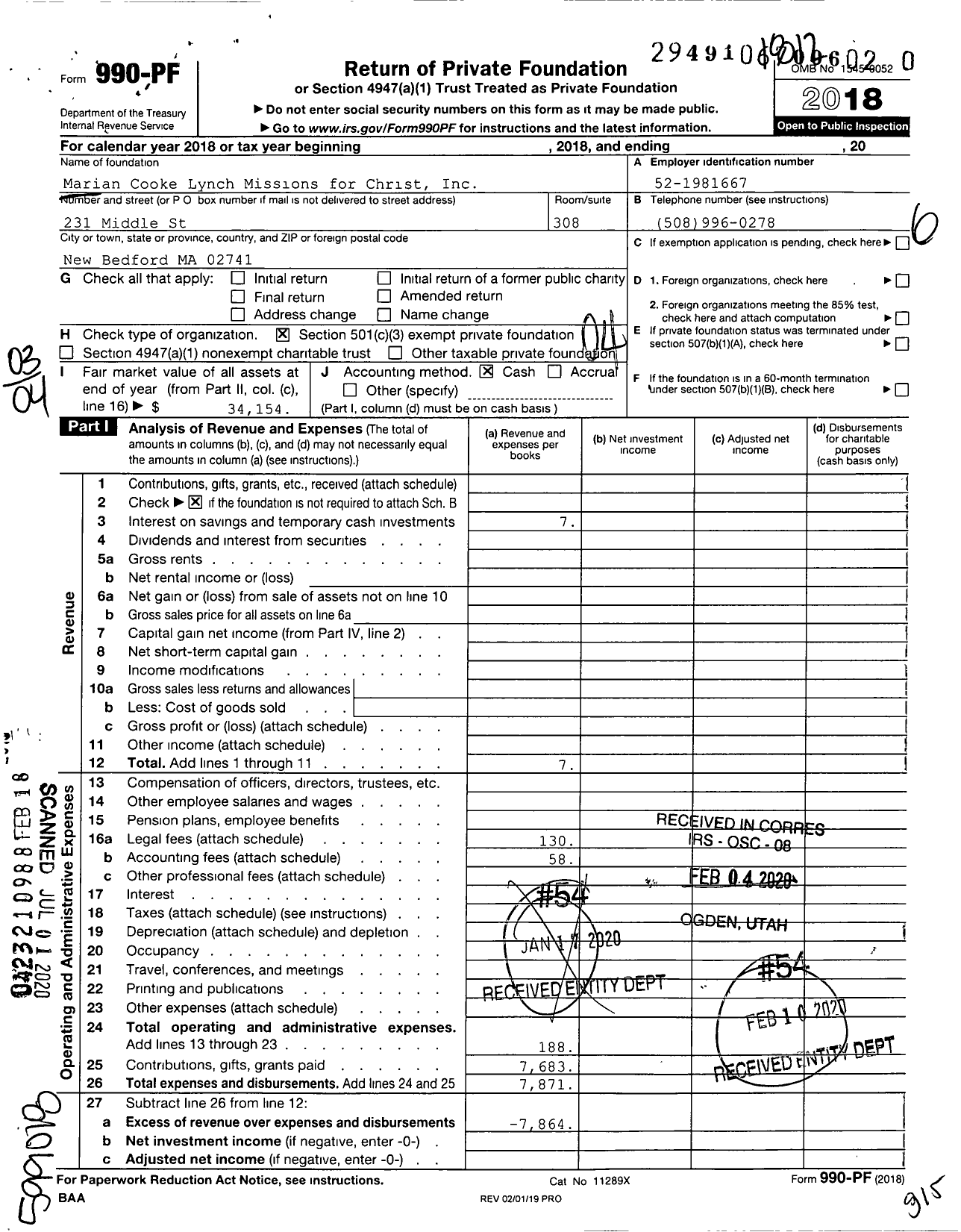 Image of first page of 2018 Form 990PR for Marian Cooke Lynch Missions for Christ