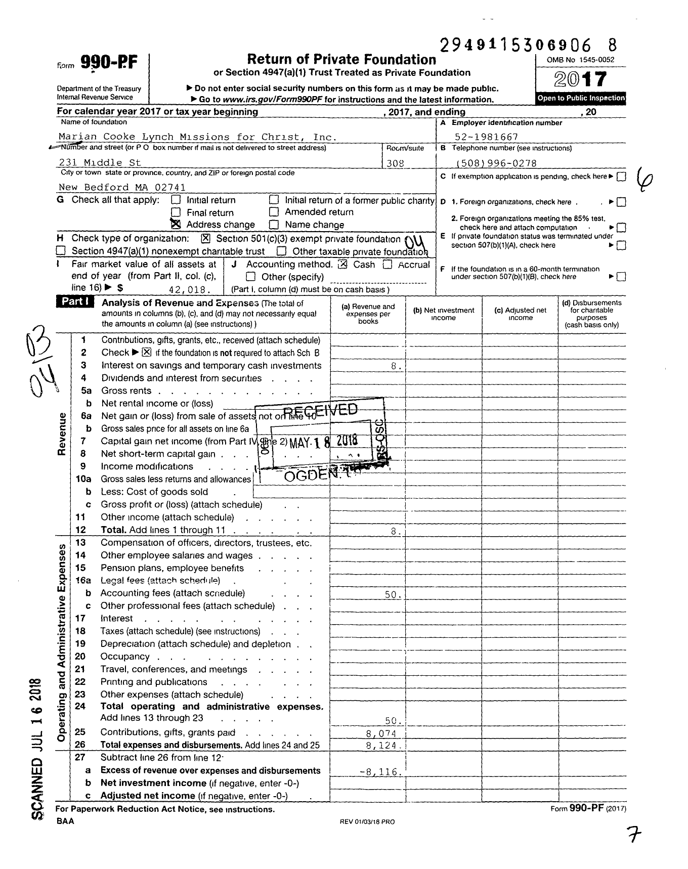 Image of first page of 2017 Form 990PF for Marian Cooke Lynch Missions for Christ