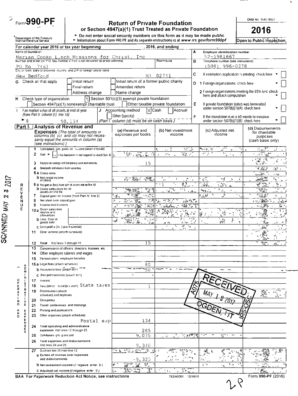 Image of first page of 2016 Form 990PF for Marian Cooke Lynch Missions for Christ