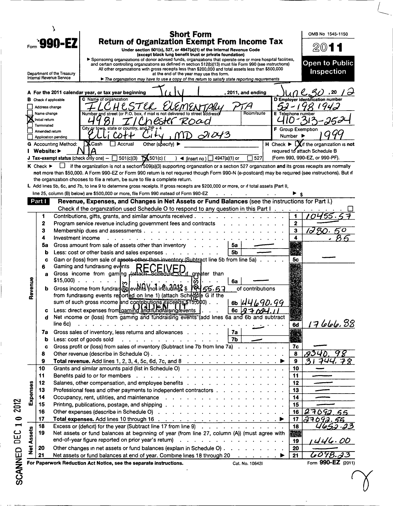 Image of first page of 2011 Form 990EO for PTA Delaware Congress / Ilchester Elementary-Howard