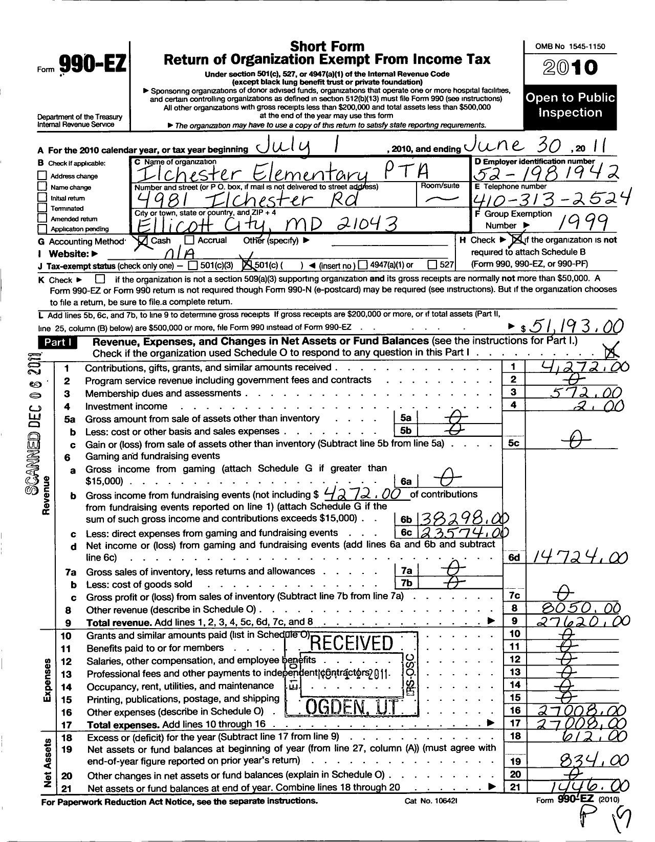 Image of first page of 2010 Form 990EO for PTA Delaware Congress / Ilchester Elementary-Howard