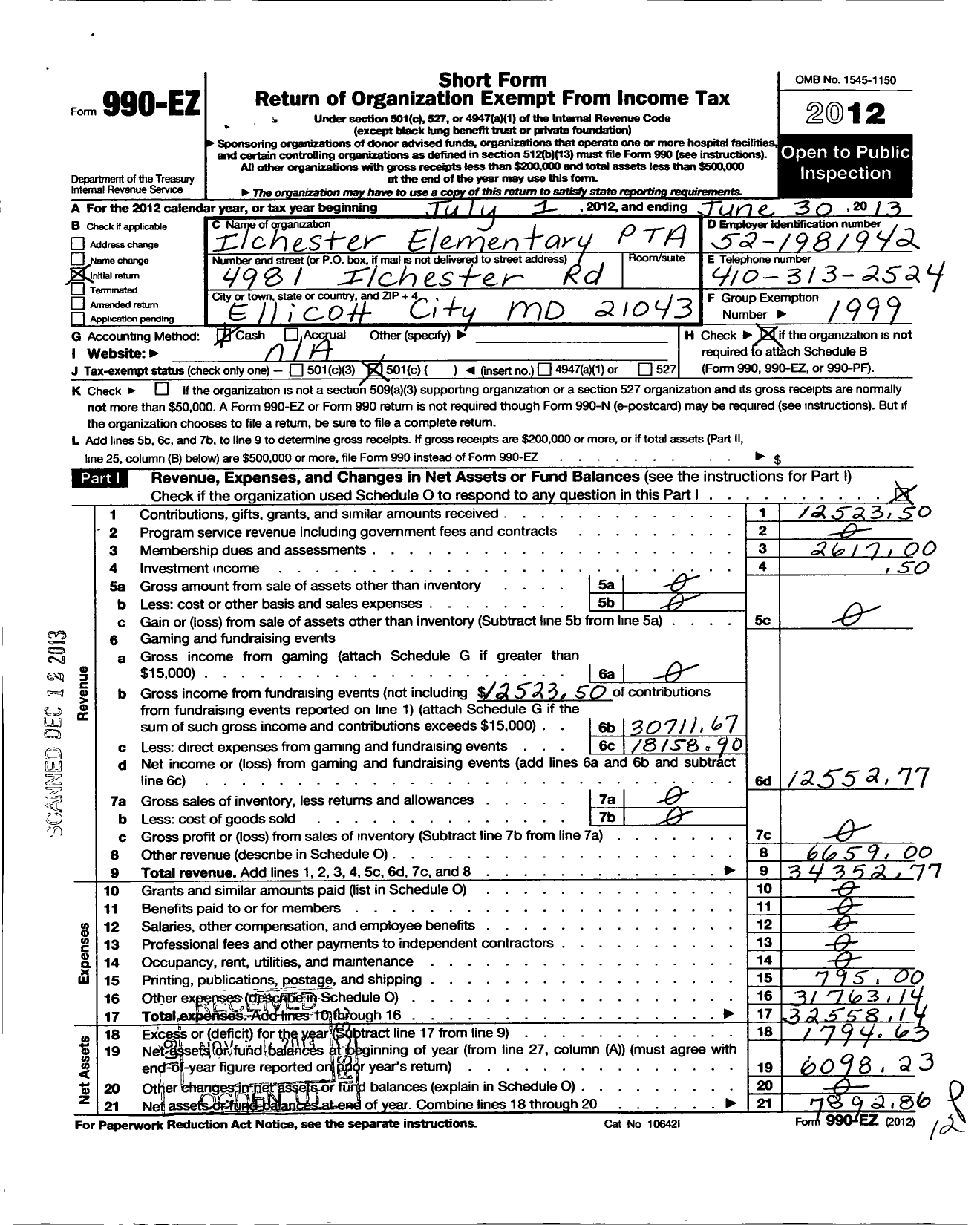 Image of first page of 2012 Form 990EO for PTA Delaware Congress / Ilchester Elementary-Howard