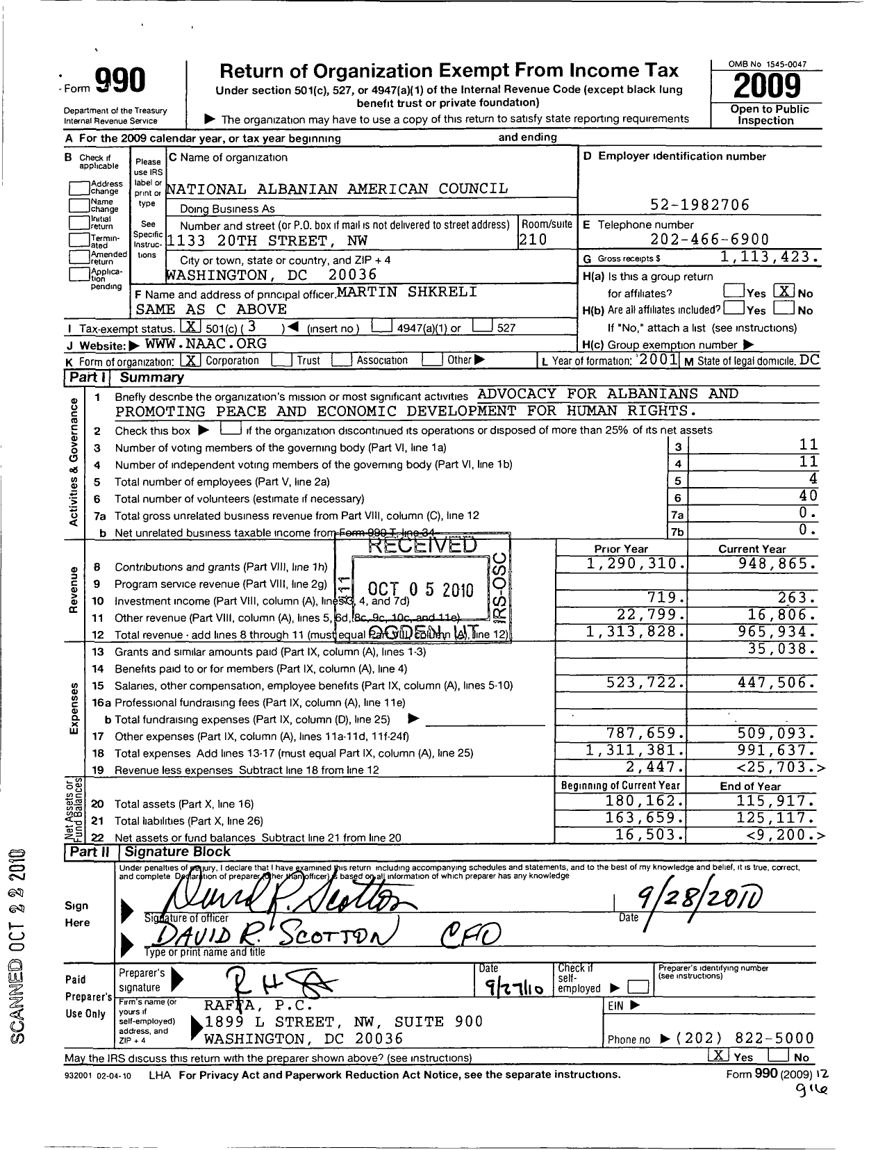 Image of first page of 2009 Form 990 for National Albanian American Council (NAAC)