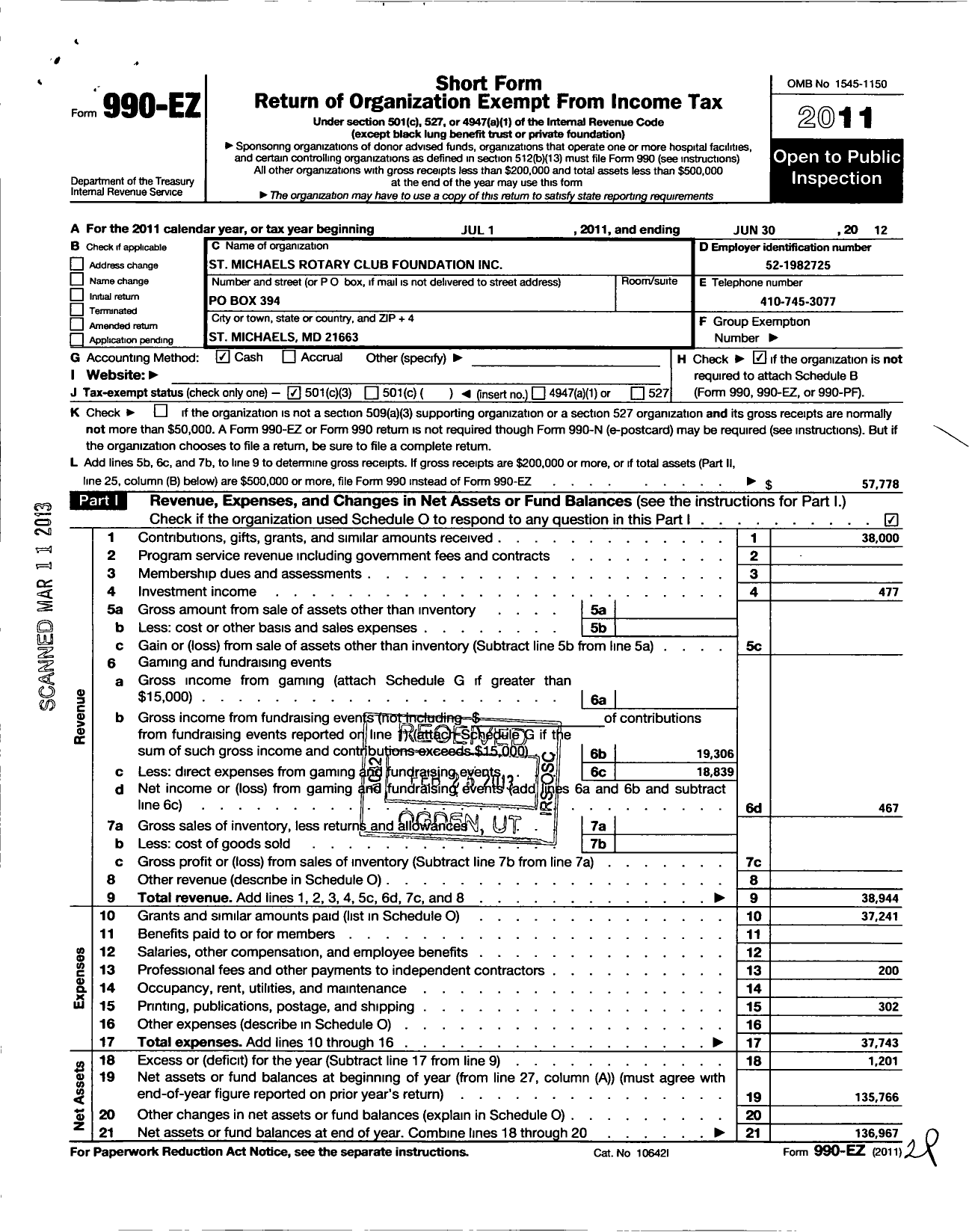 Image of first page of 2011 Form 990EZ for St Michaels Rotary Club Foundation