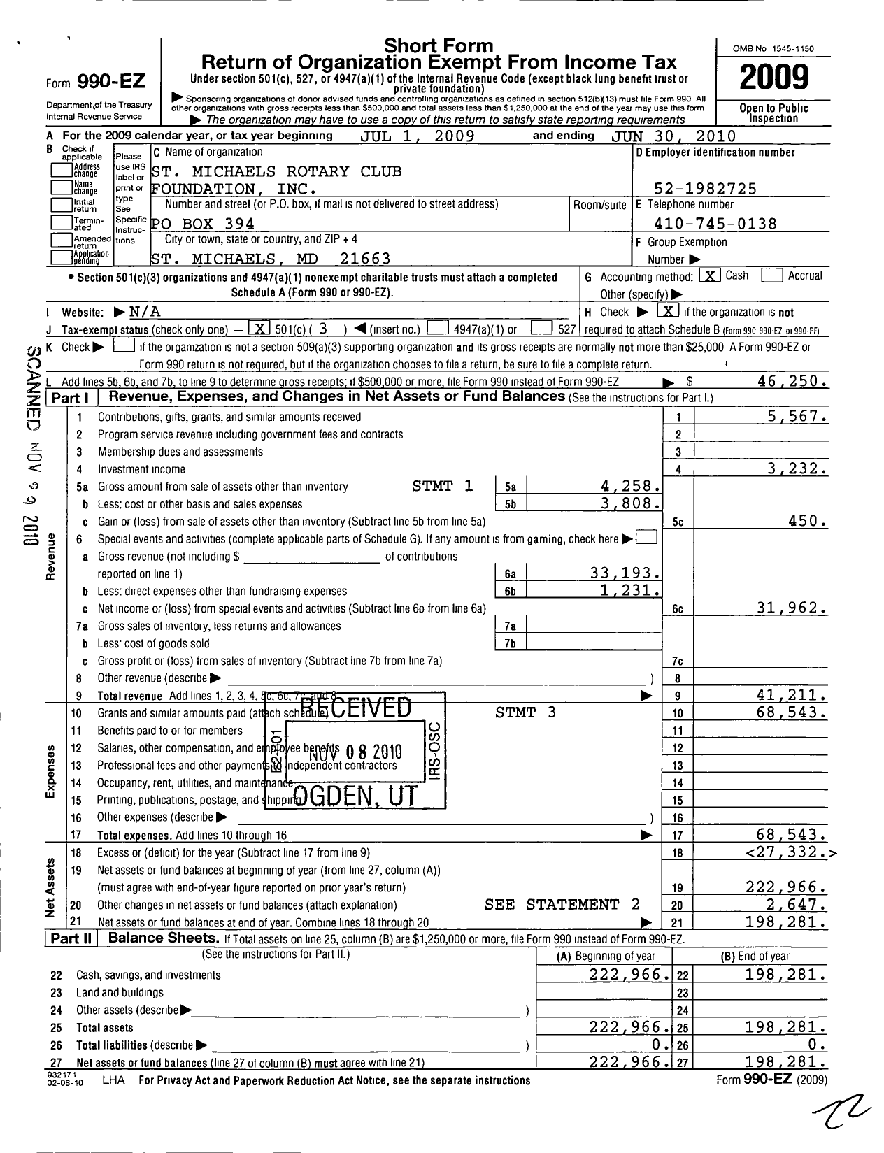 Image of first page of 2009 Form 990EZ for St Michaels Rotary Club Foundation