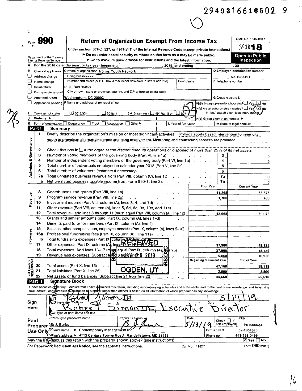 Image of first page of 2018 Form 990 for Nomis Youth Network