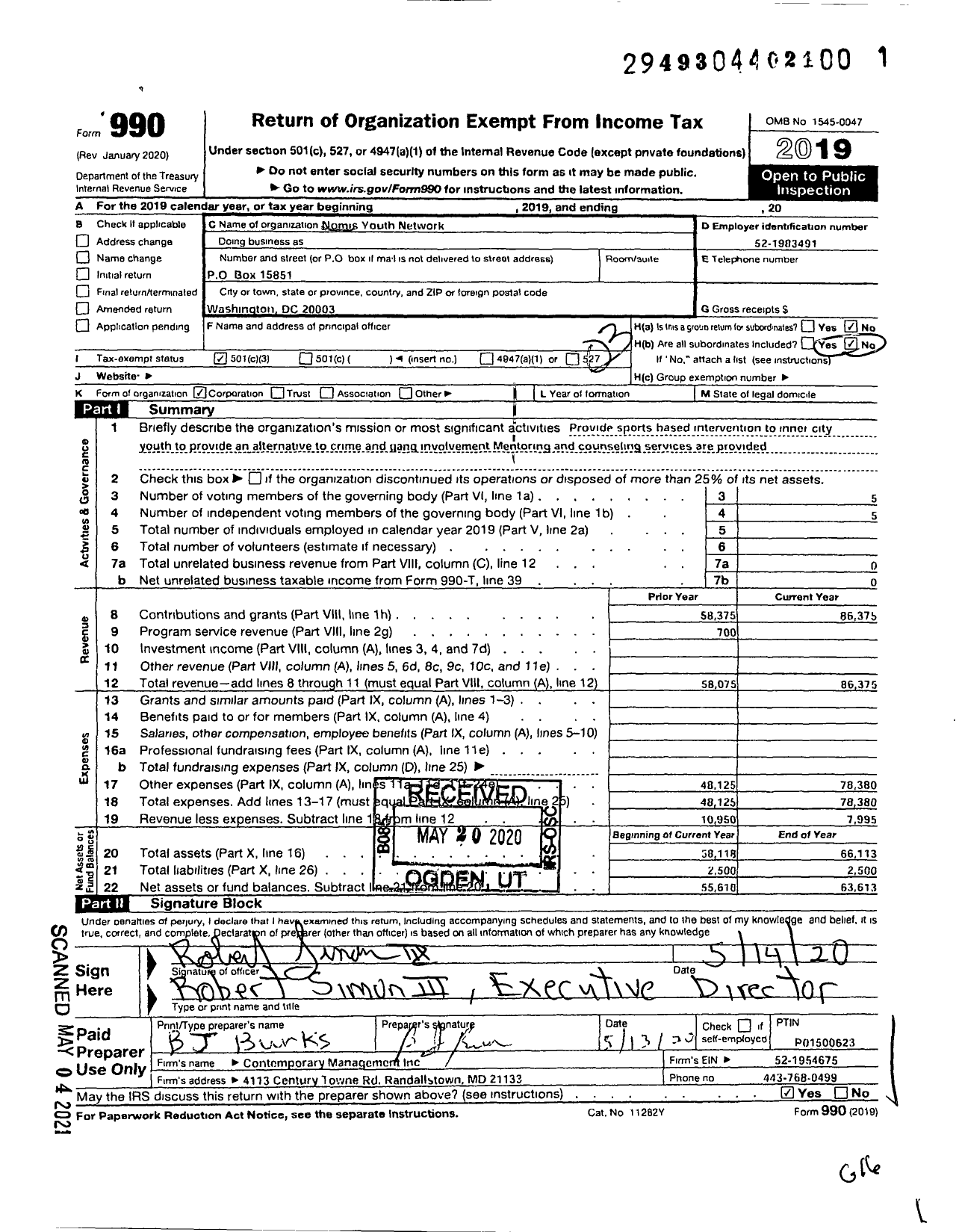 Image of first page of 2019 Form 990 for Nomis Youth Network