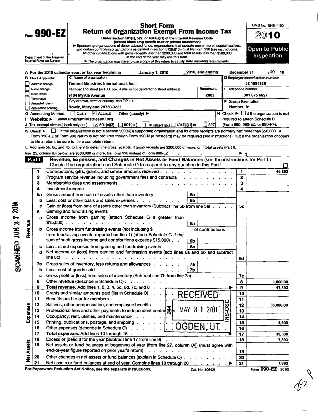 Image of first page of 2010 Form 990EZ for Timbrel Ministries International