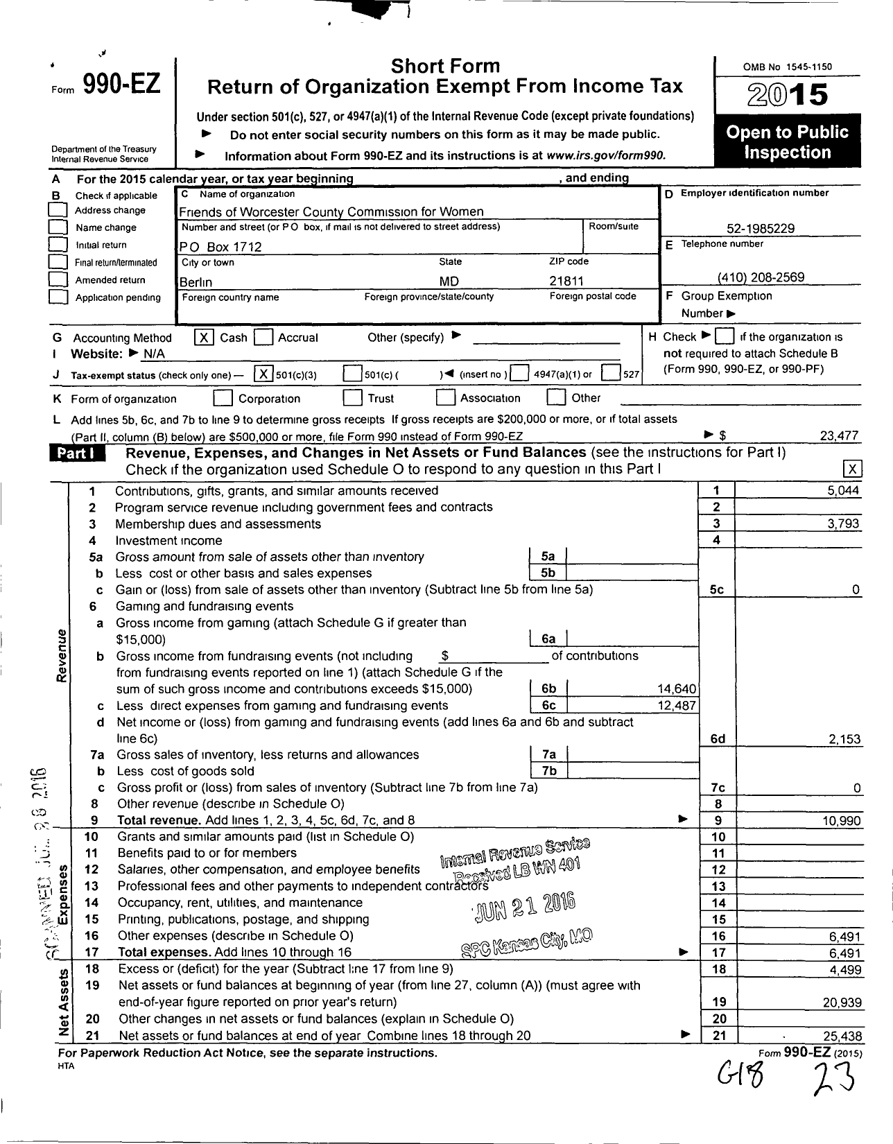 Image of first page of 2015 Form 990EZ for Friends of Worcester County Commission for Women