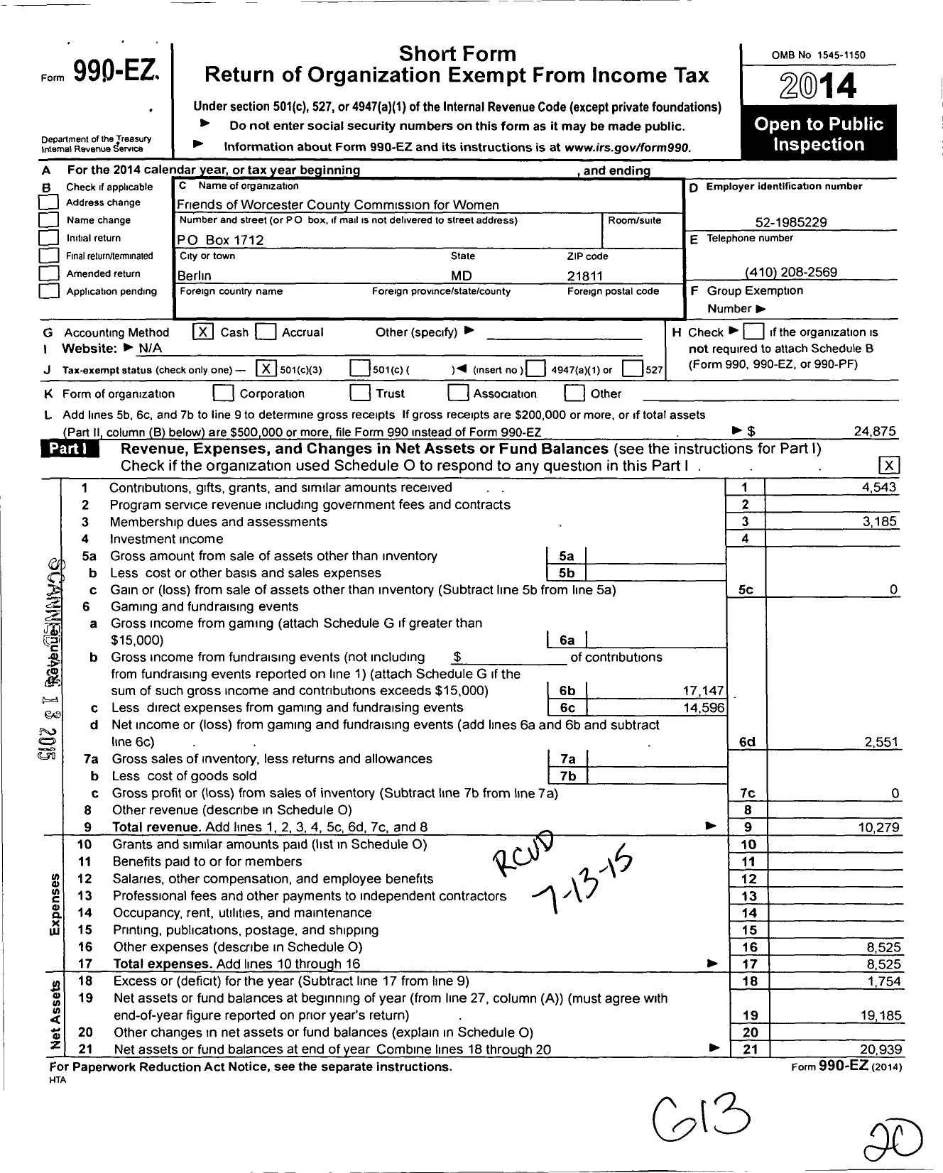 Image of first page of 2014 Form 990EZ for Friends of Worcester County Commission for Women