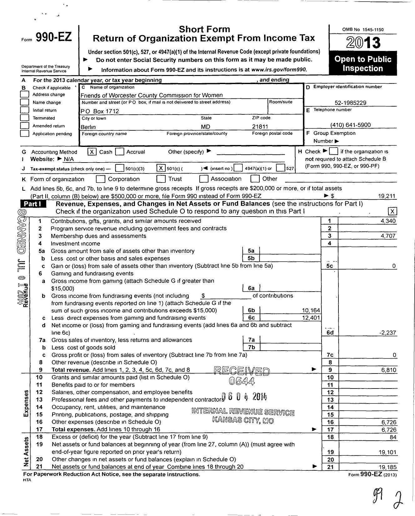 Image of first page of 2013 Form 990EO for Friends of Worcester County Commission for Women