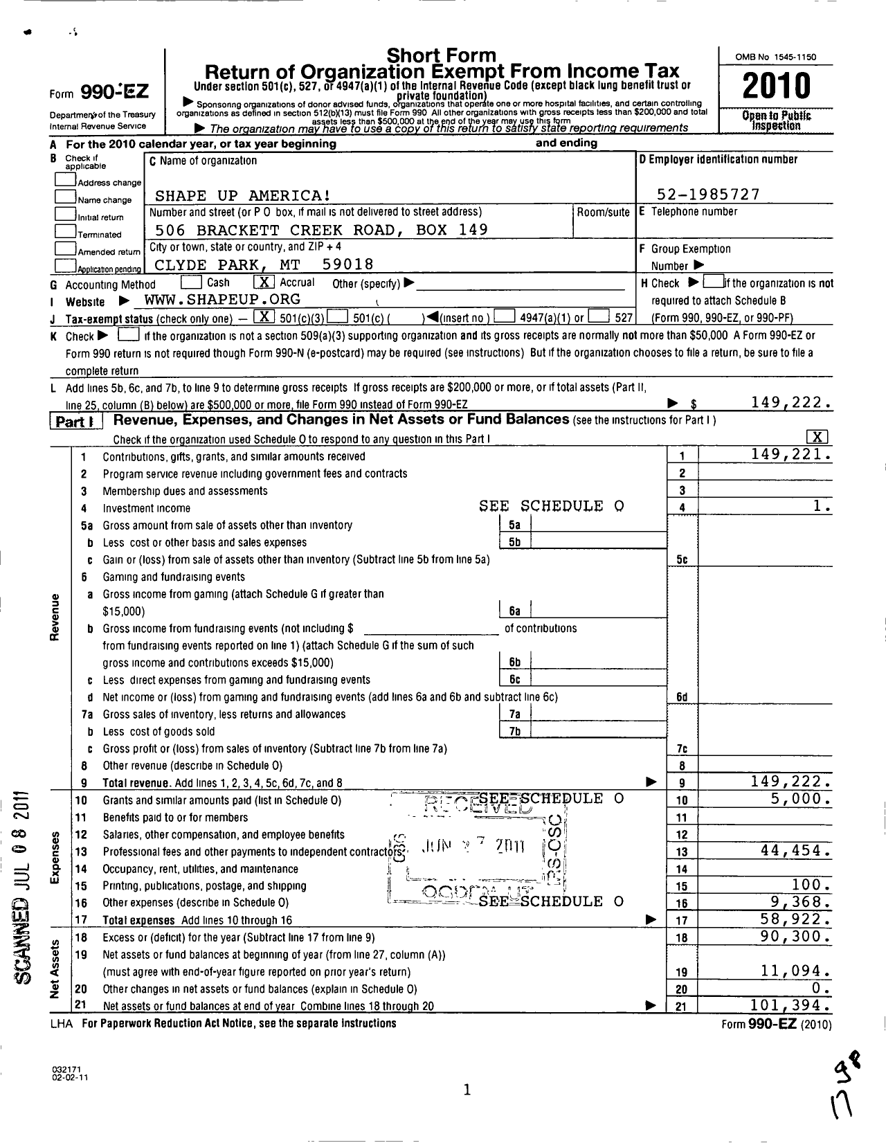 Image of first page of 2010 Form 990EZ for Shape Up America