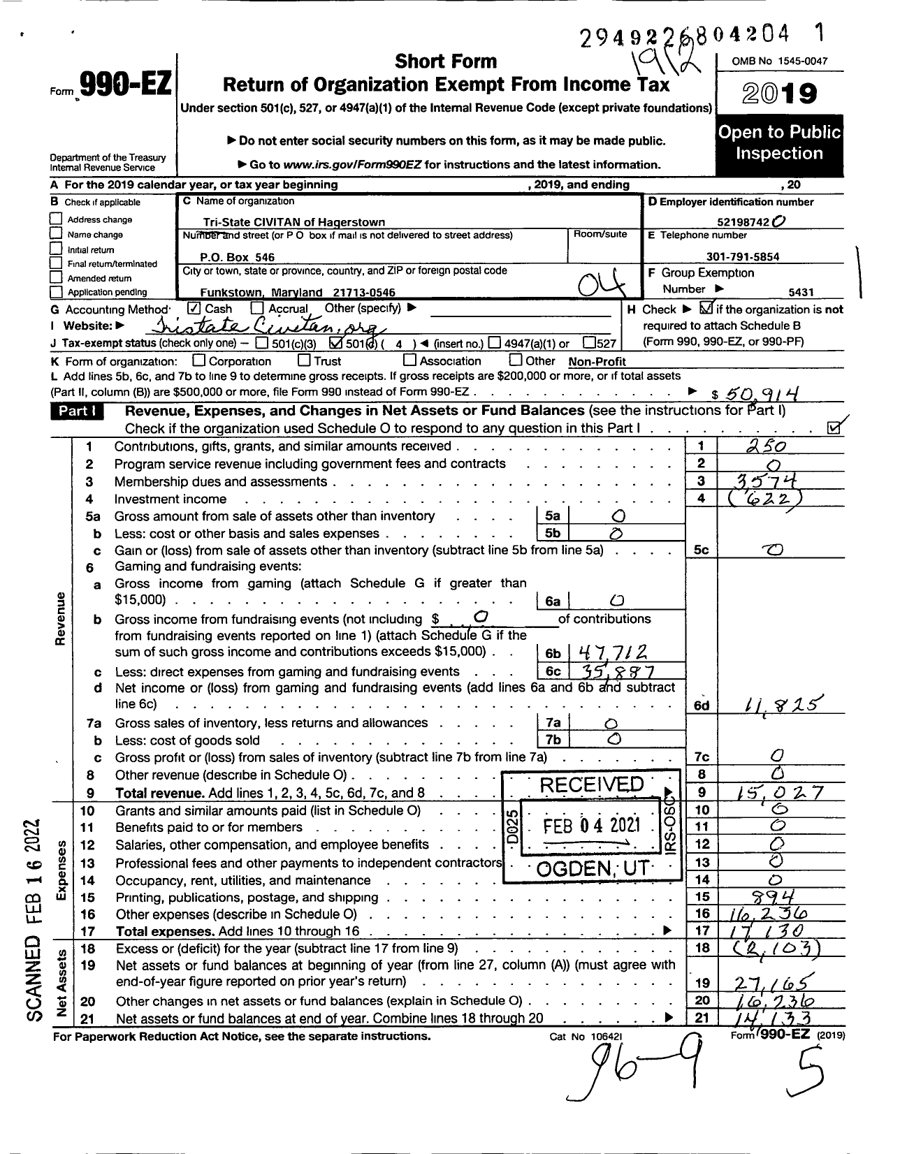 Image of first page of 2019 Form 990EO for Tr-State Civitan of Hagerstown