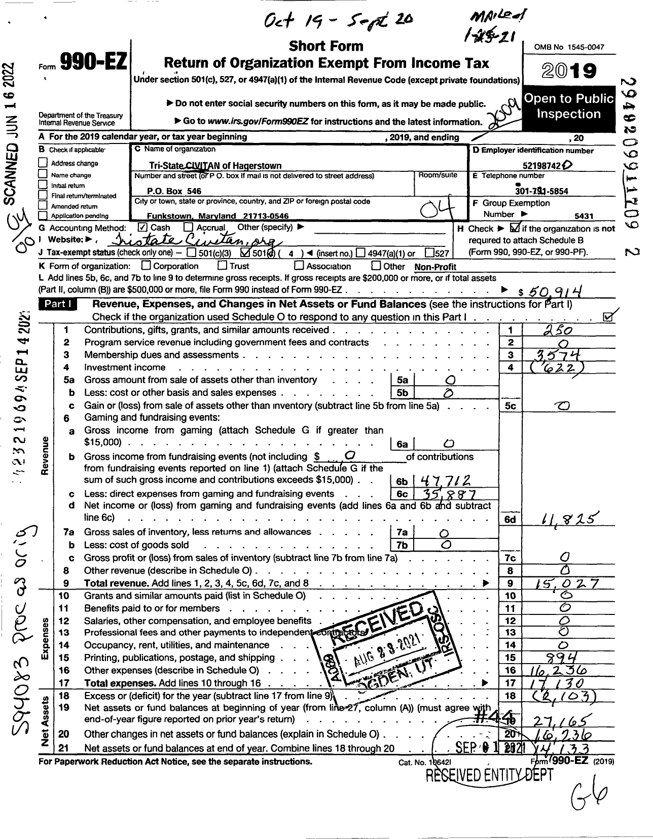 Image of first page of 2019 Form 990EO for Tr-State Civitan of Hagerstown