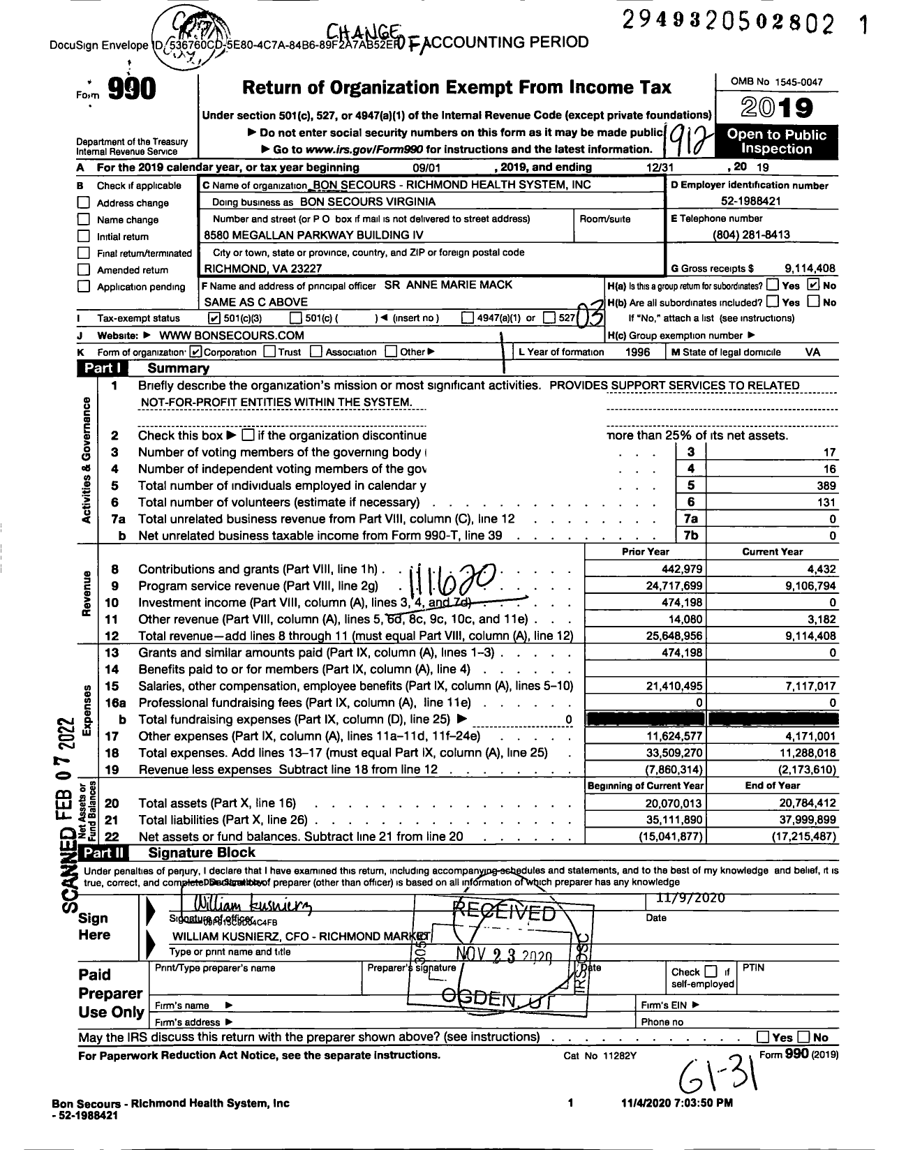 Image of first page of 2019 Form 990 for Bon Secours Virginia