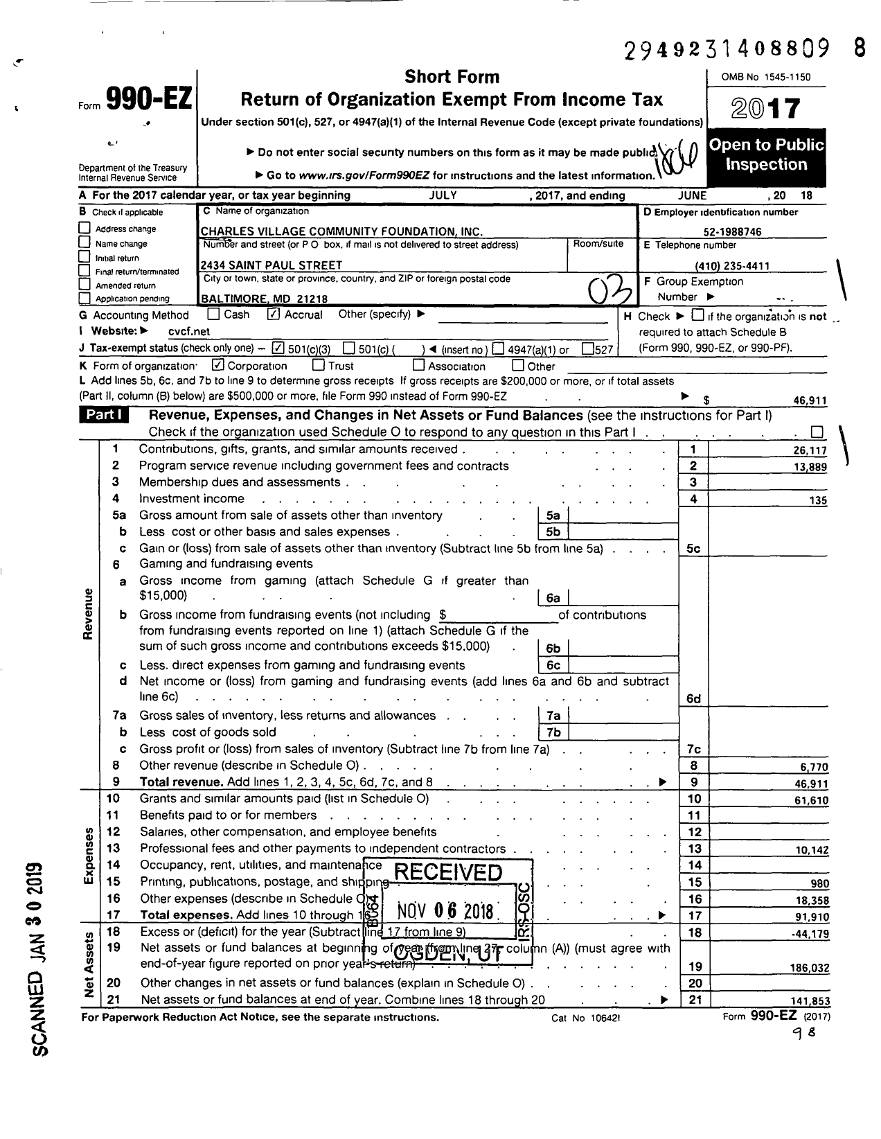 Image of first page of 2017 Form 990EZ for Charles Village Community Foundation