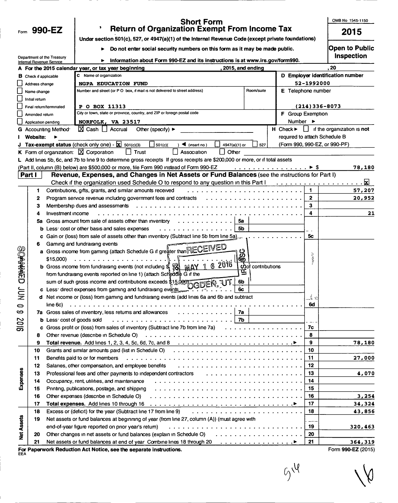 Image of first page of 2015 Form 990EZ for Ngpa Education Fund