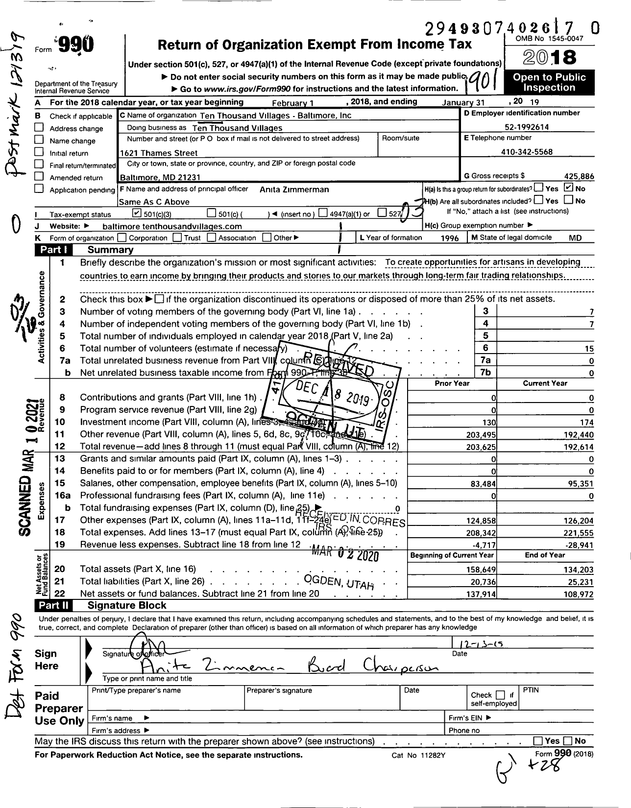 Image of first page of 2018 Form 990 for Ten Thousand Villages Baltimore