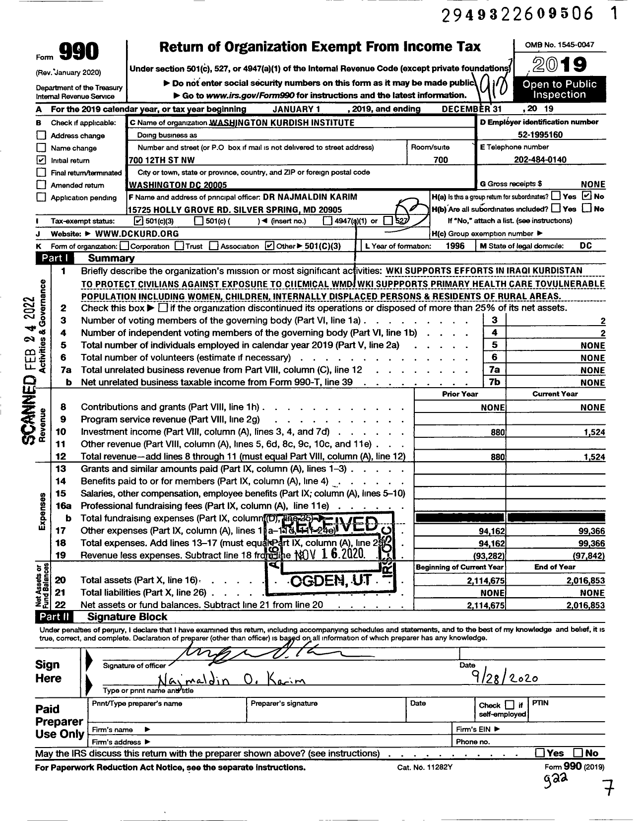 Image of first page of 2019 Form 990 for Washington Kurdish Institute