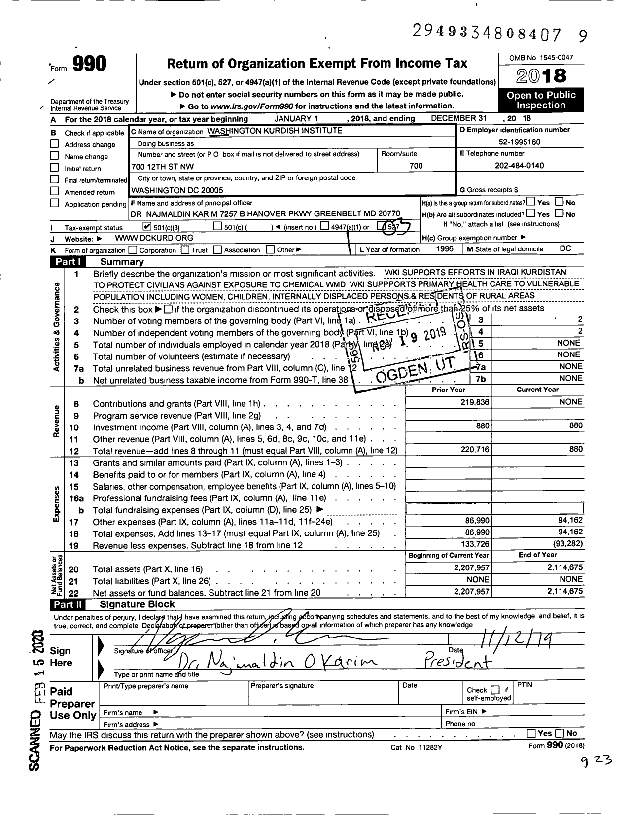 Image of first page of 2018 Form 990 for Washington Kurdish Institute