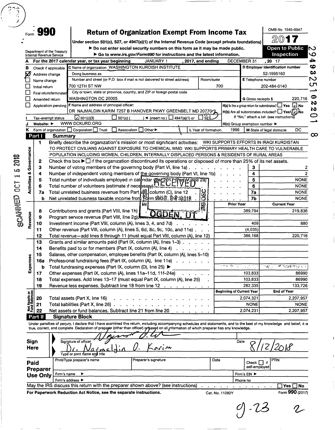 Image of first page of 2017 Form 990 for Washington Kurdish Institute