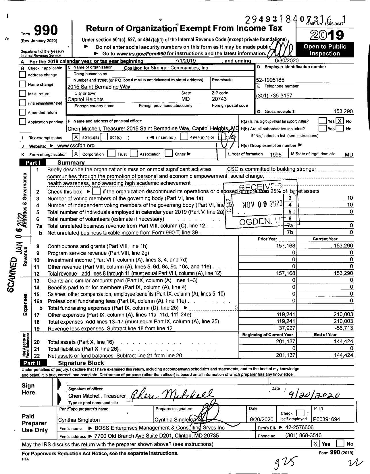 Image of first page of 2019 Form 990 for Coalition for Stronger Communities