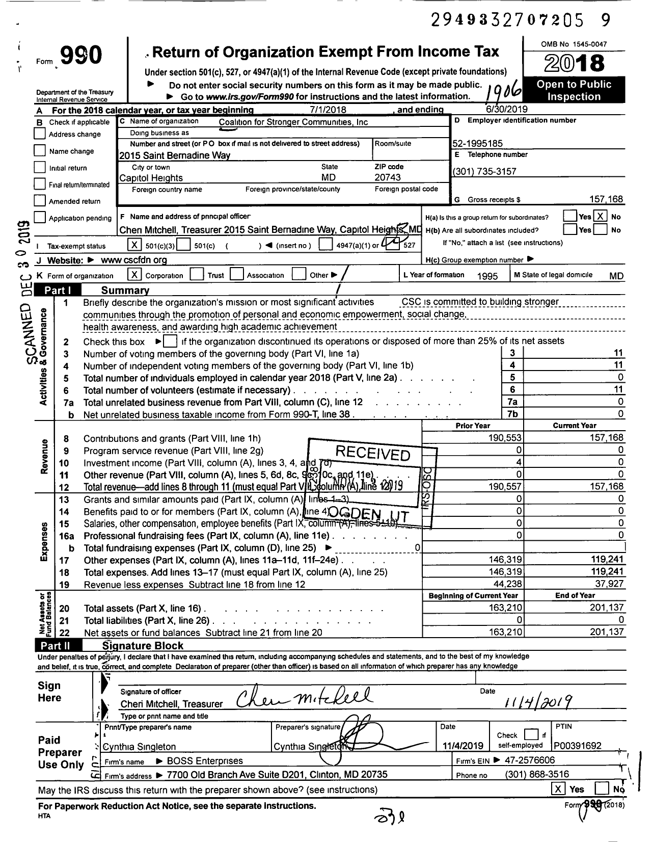 Image of first page of 2018 Form 990 for Coalition for Stronger Communities