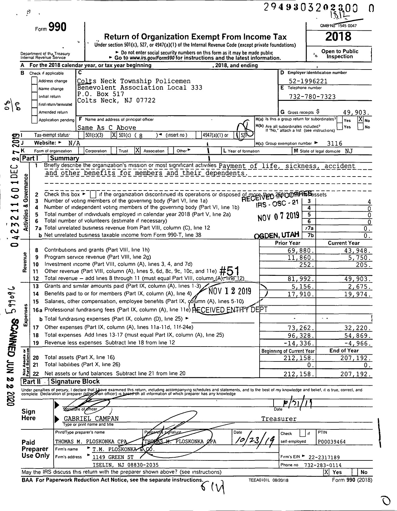 Image of first page of 2018 Form 990O for NJ State Patrolmen's Benevolent Association - 333 Colts Neck Pba Local