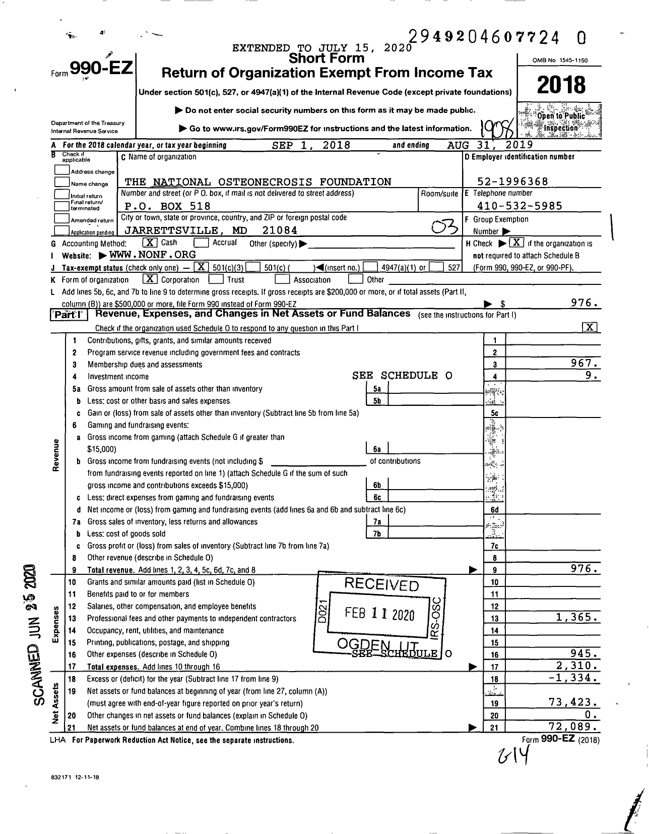 Image of first page of 2018 Form 990EZ for The National Osteonecrosis Foundation