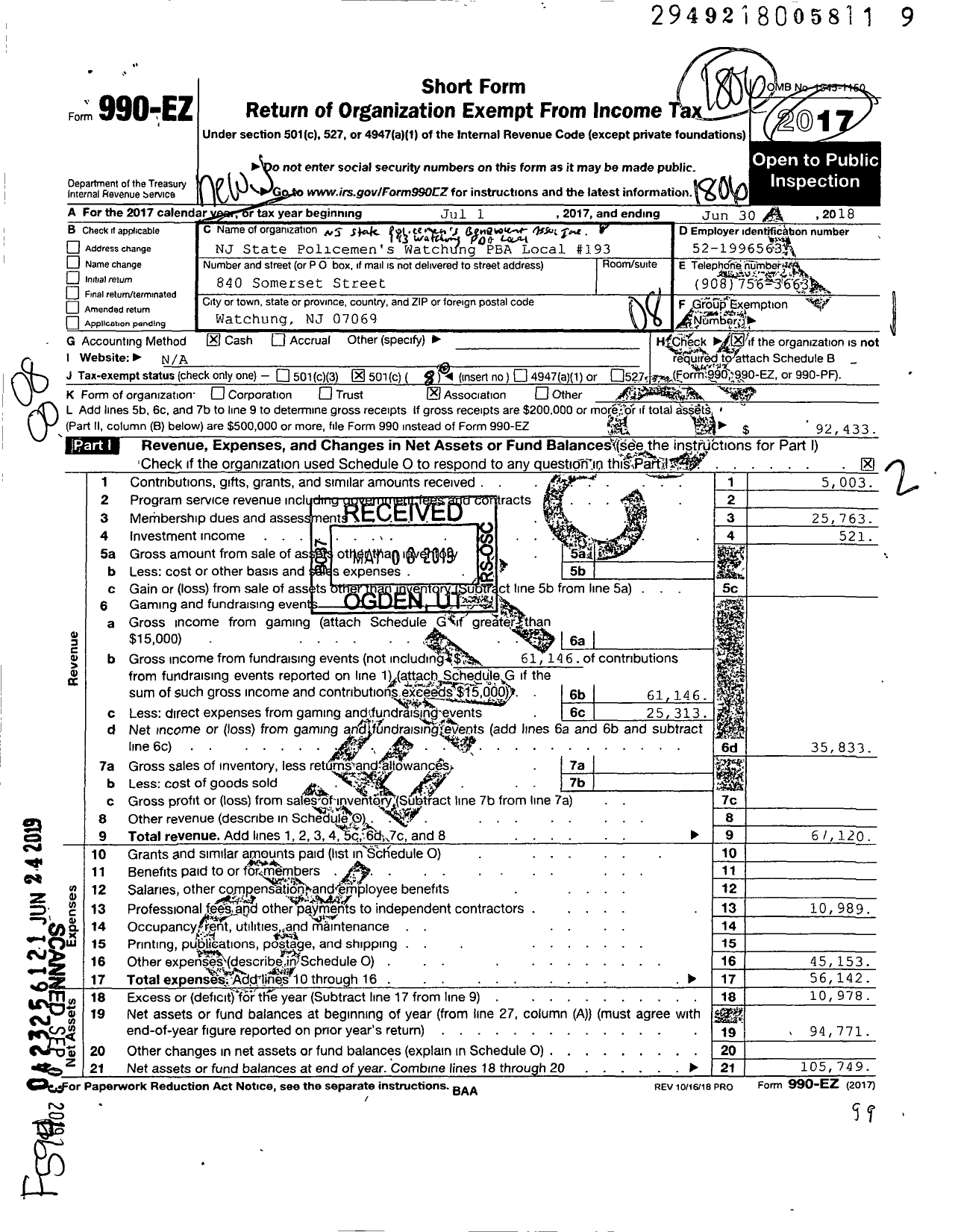 Image of first page of 2017 Form 990EO for NJ State Patrolmen's Benevolent Association - 193 Watchung P B A Local