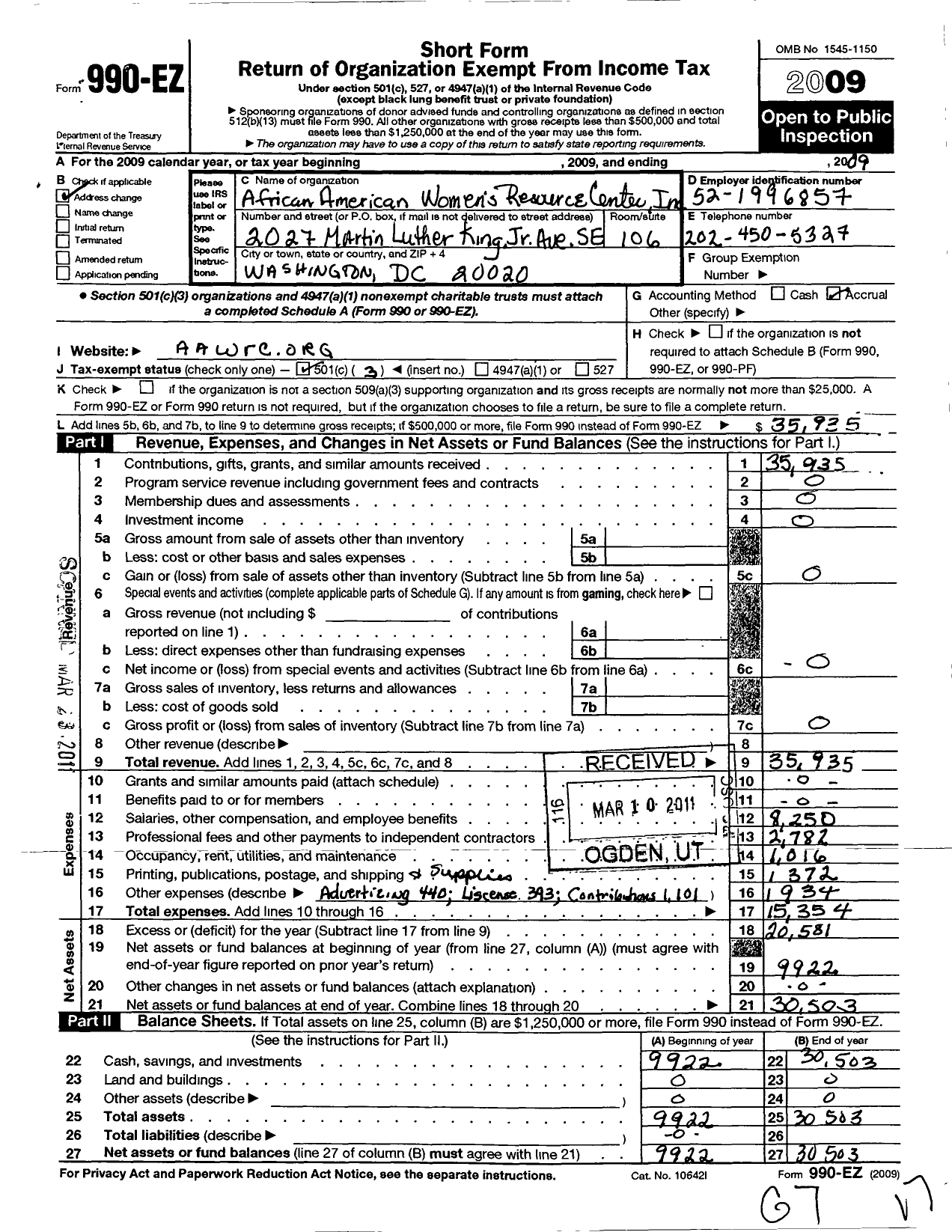 Image of first page of 2009 Form 990EZ for African American Womens Resource Center