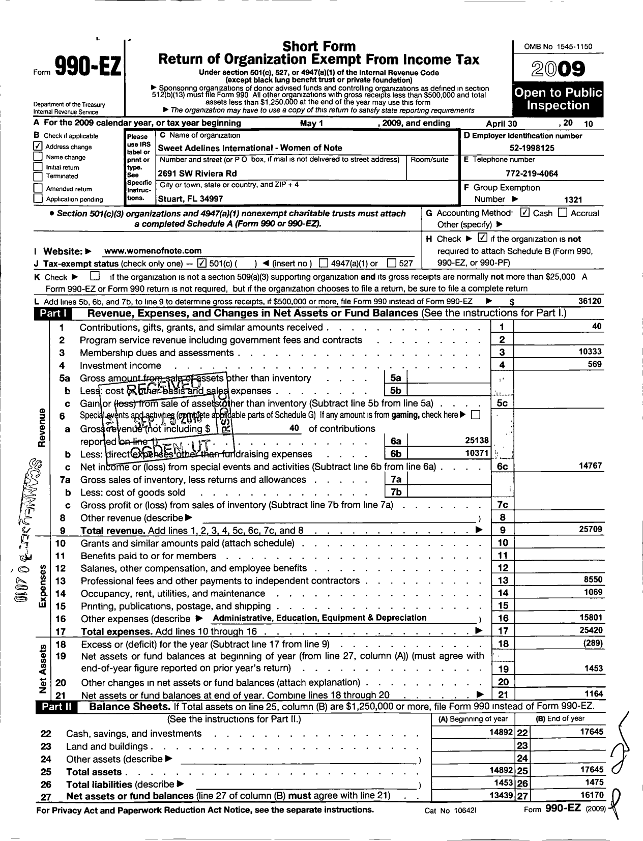 Image of first page of 2009 Form 990EO for Sweet Adelines International - Women of Note