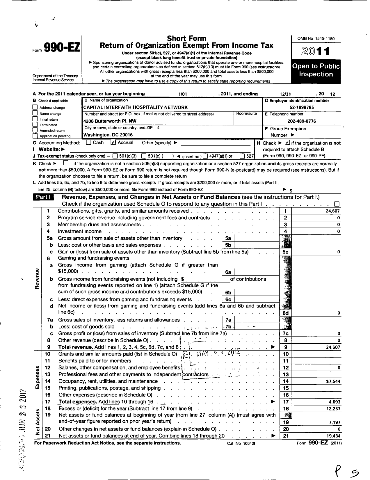 Image of first page of 2012 Form 990EO for Capital Interfaith Hospitality Network