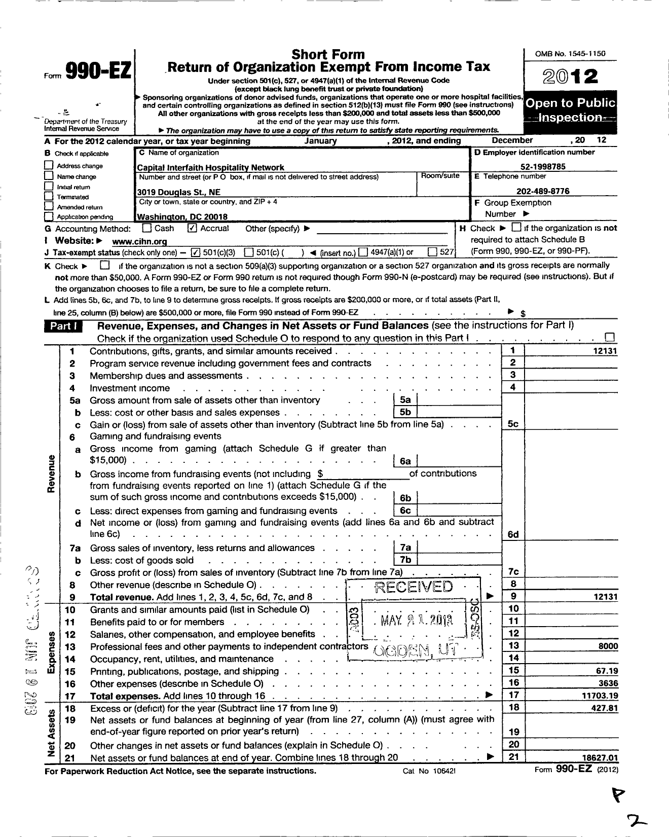 Image of first page of 2012 Form 990EZ for Capital Interfaith Hospitality Network