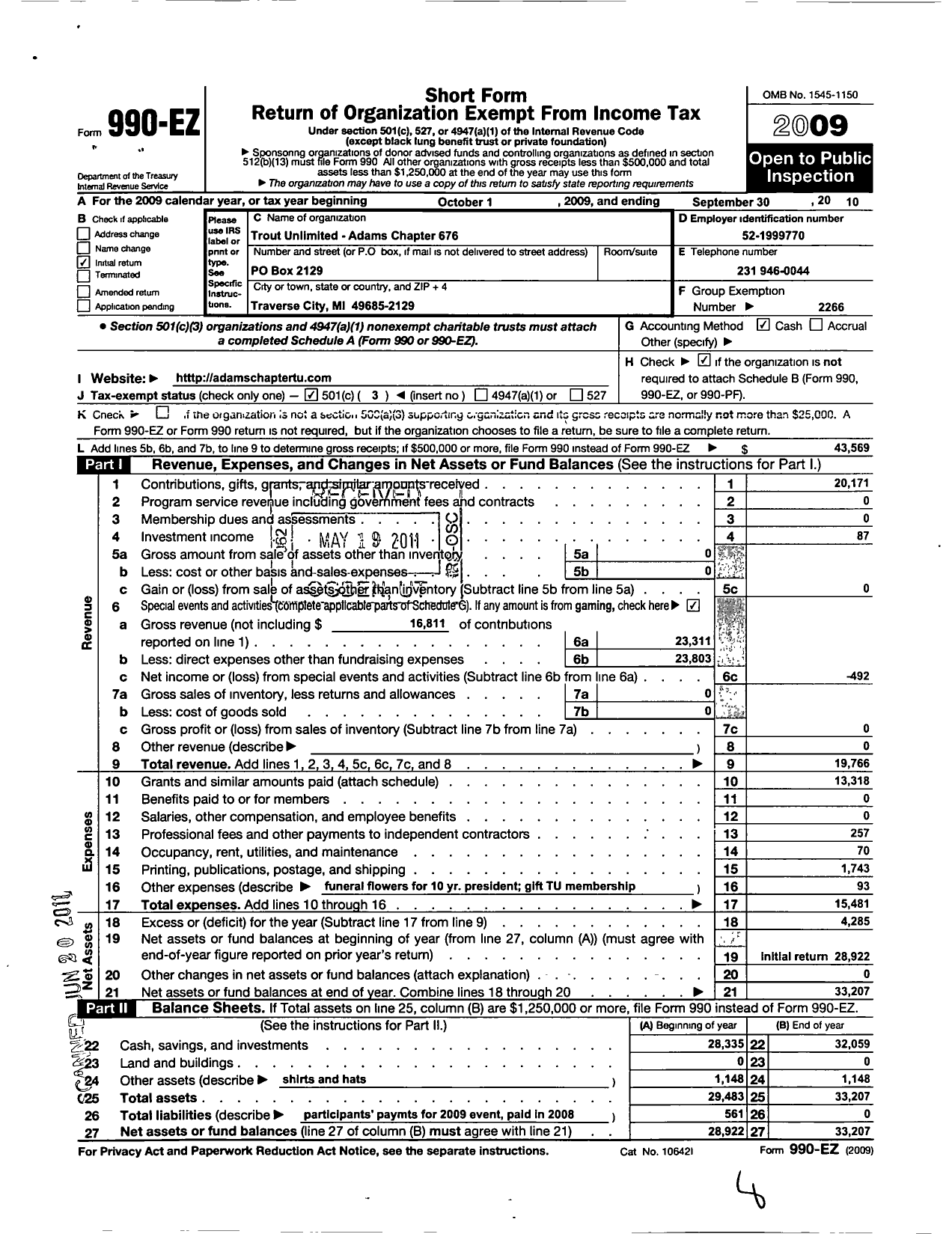 Image of first page of 2009 Form 990EZ for Trout Unlimited - 676 Adams