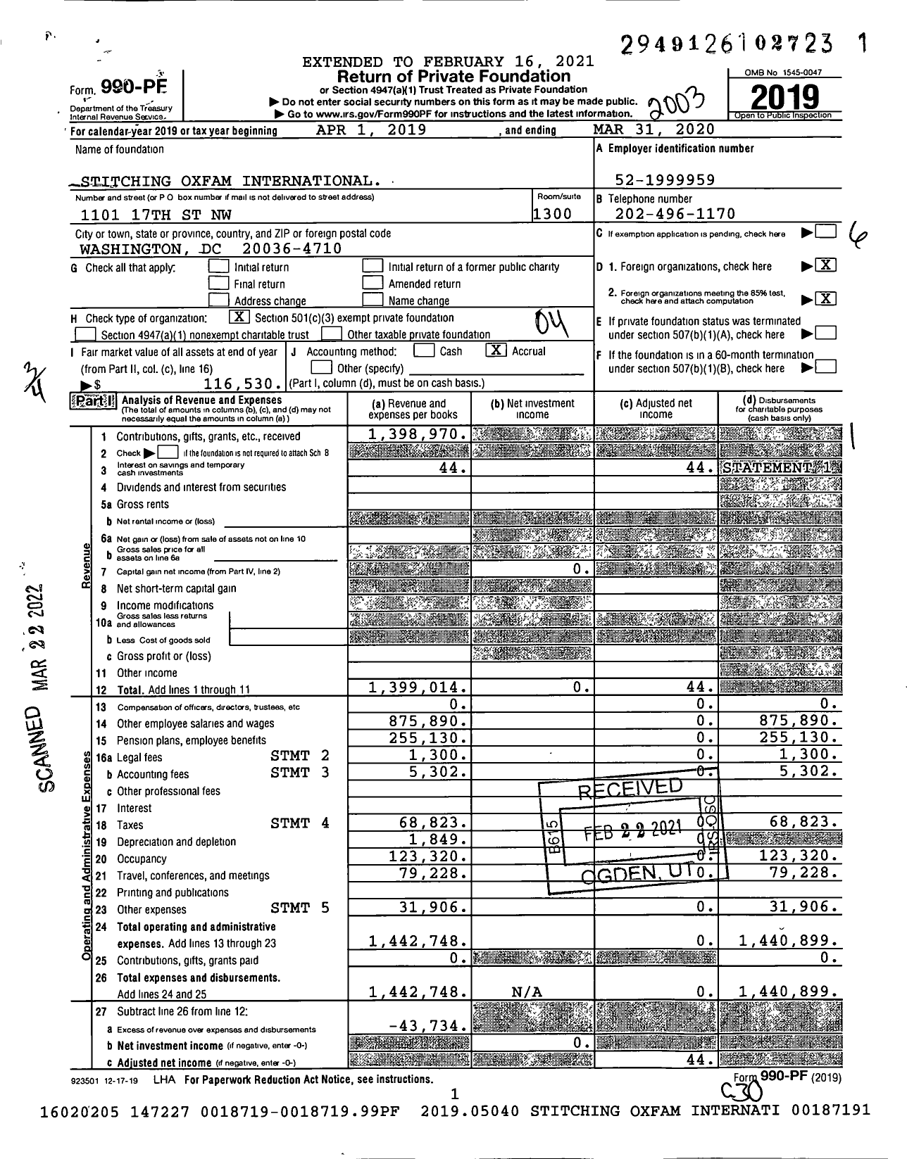 Image of first page of 2019 Form 990PF for Stitching Oxfam International