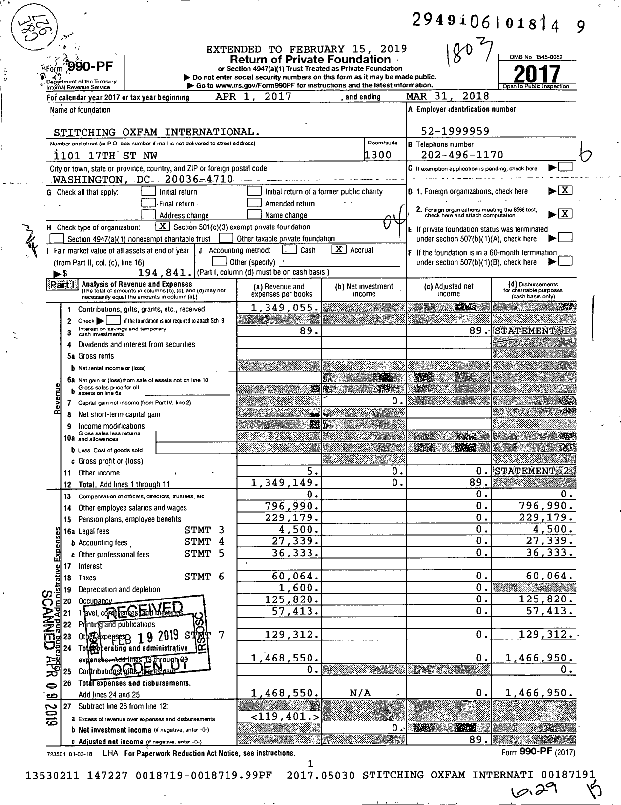 Image of first page of 2017 Form 990PF for Stitching Oxfam International