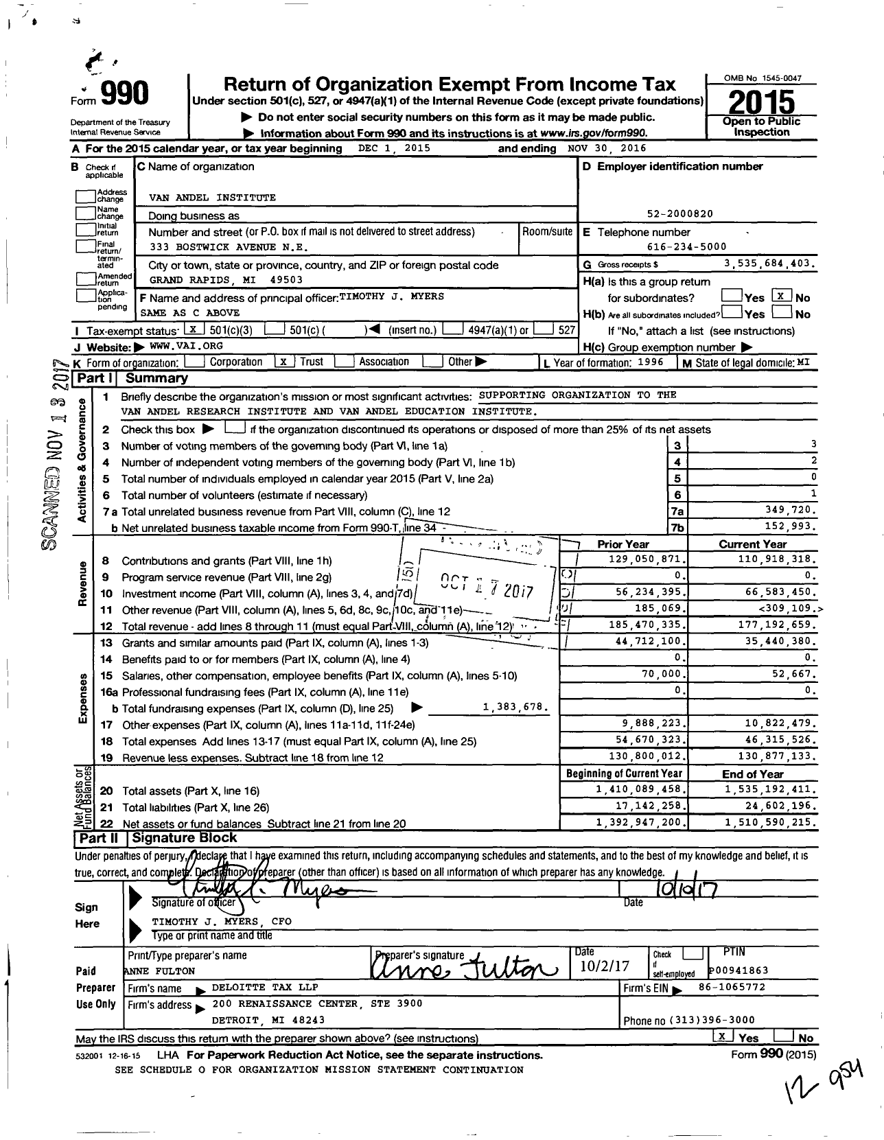Image of first page of 2015 Form 990 for Van Andel Institute