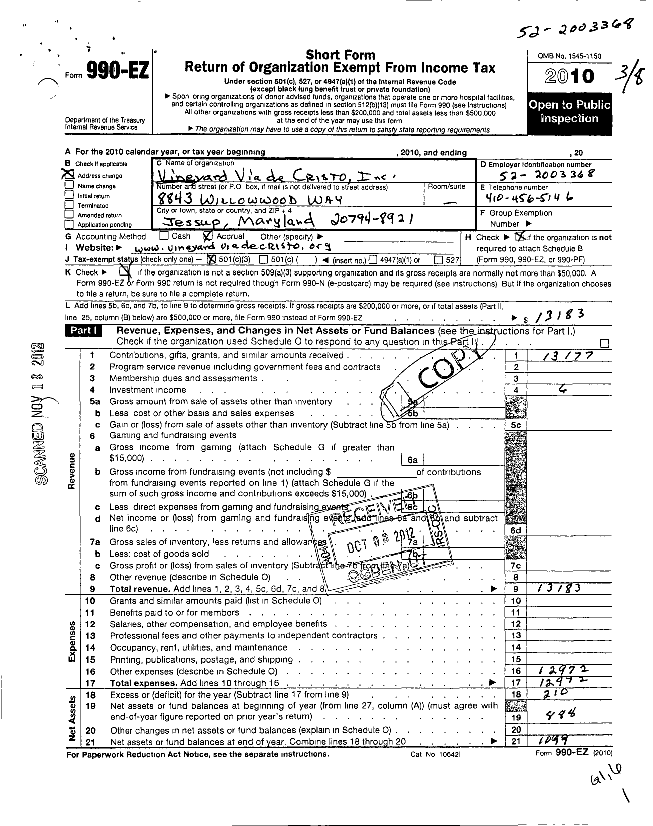 Image of first page of 2010 Form 990EZ for Vineyard Via de Cristo