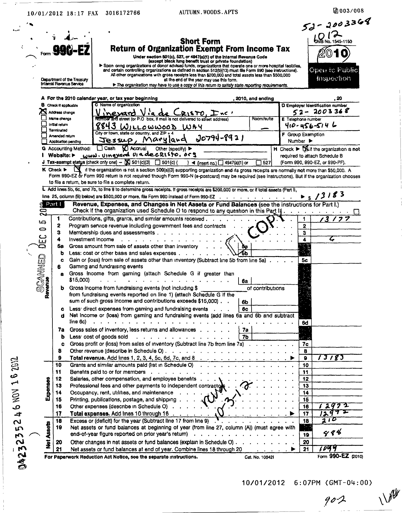 Image of first page of 2010 Form 990EZ for Vineyard Via de Cristo