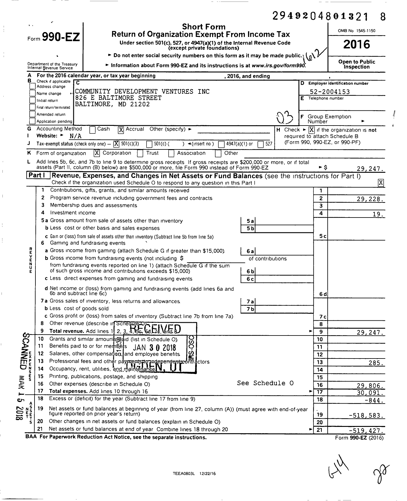 Image of first page of 2016 Form 990EZ for Community Development Ventures