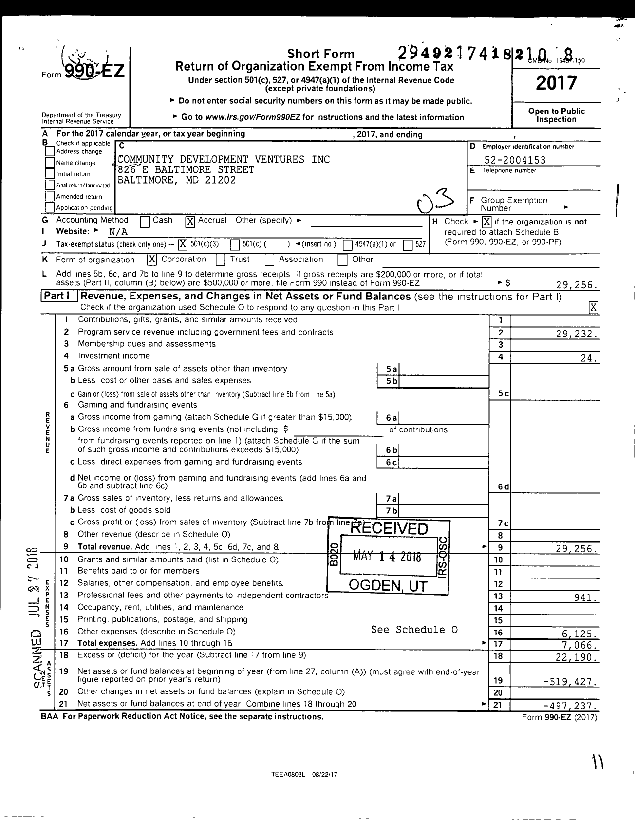 Image of first page of 2017 Form 990EZ for Community Development Ventures